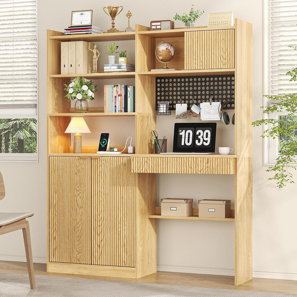 kepptory 63' Tall Computer Desk with Hutch, Fluted Wood Home Office Desk with Charging Station, Drawer & Storage Cabinet, Oak Workstation for Work & Study