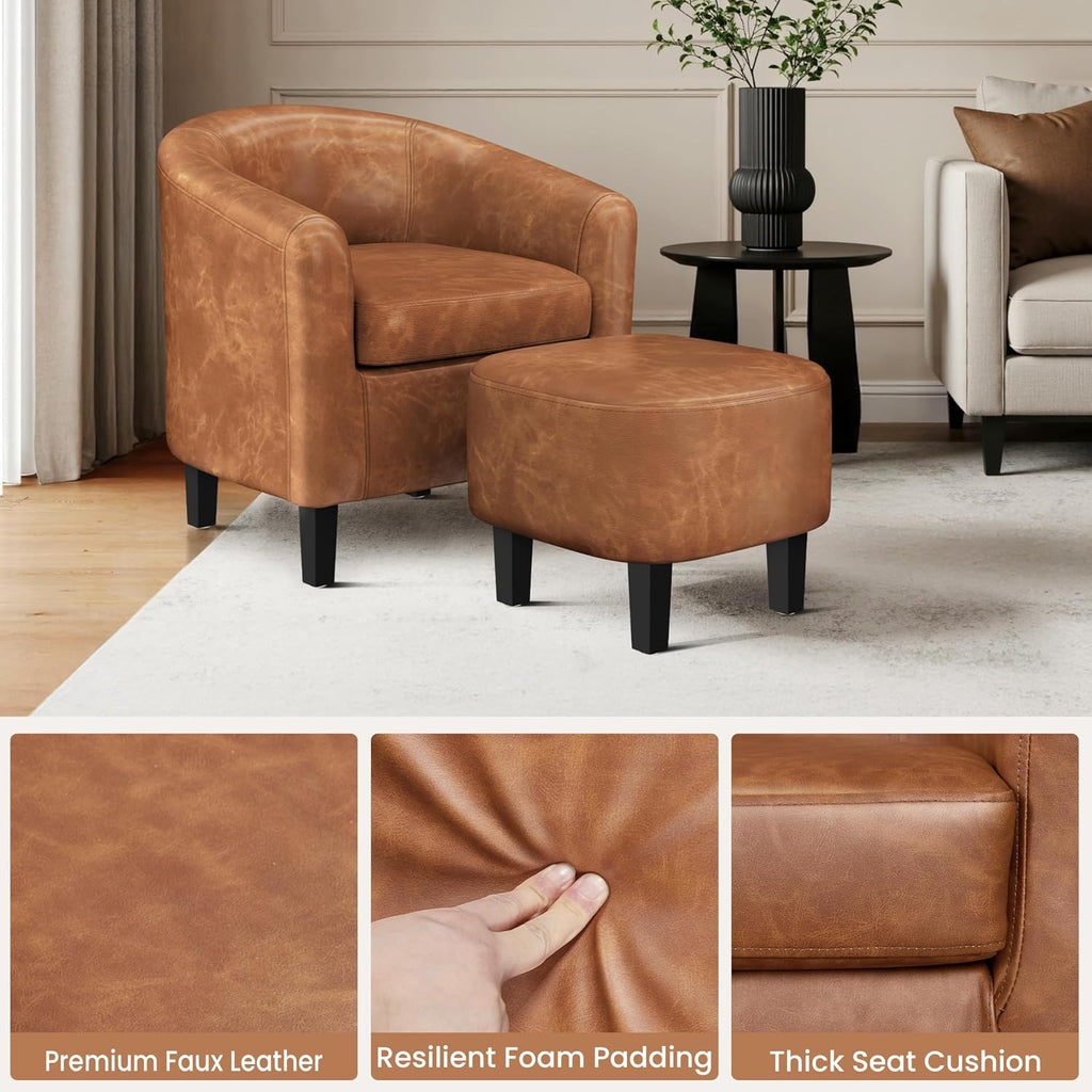 Yaheetech Barrel Chair with Ottoman Set, Faux Leather Accent Chair with Soft Padded and Sturdy Legs for Living Room/Bedroom/Study/Waiting Room, Brown