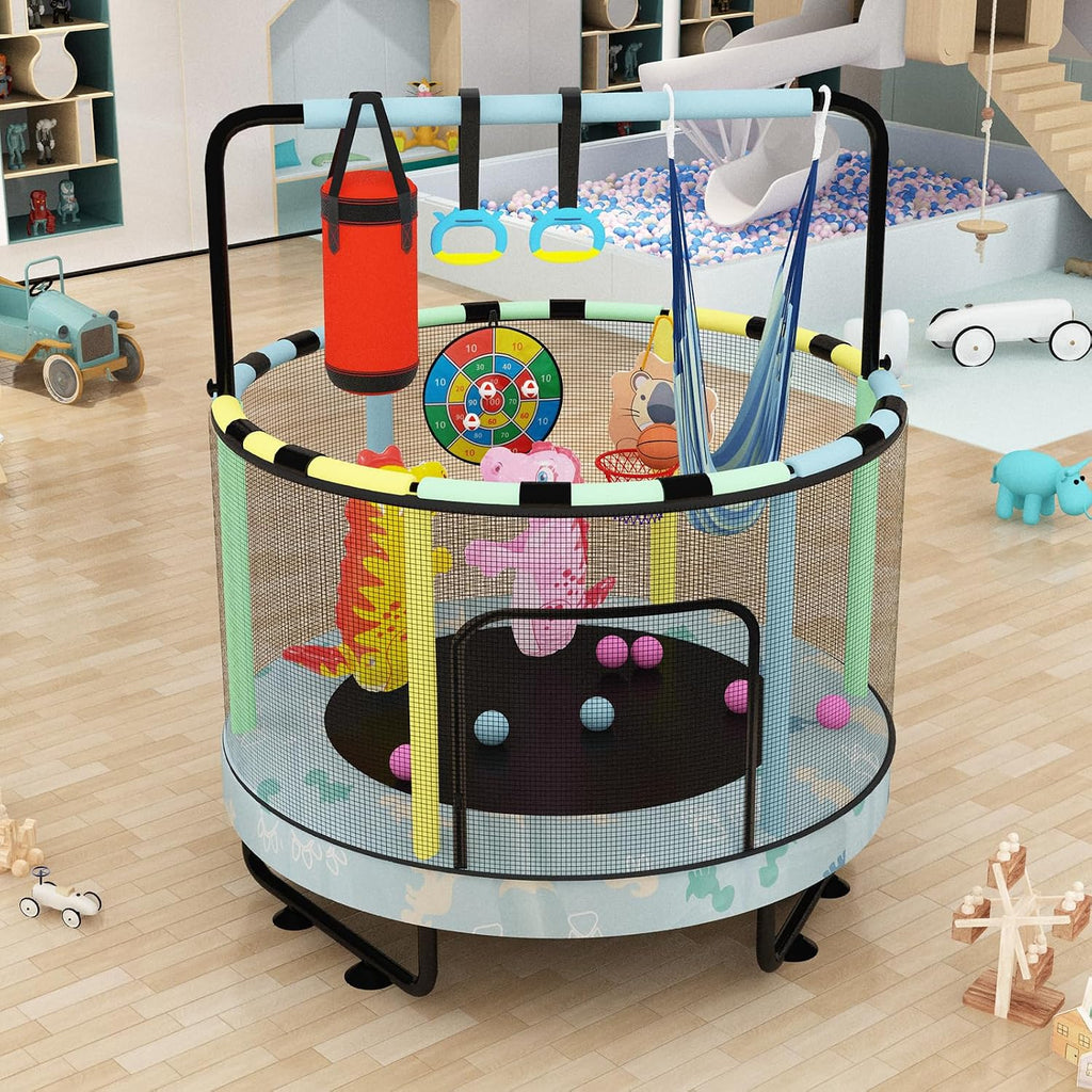 LAMERGE 55' 7-in-1 Round Trampoline for Kids Boys & Girls Ages 1-8, Indoor & Outdoor Trampoline for Fun, Adjustable Height Handrail ＆ Enclosed Safety Net ＆ Durable Designs for Toddlers Children