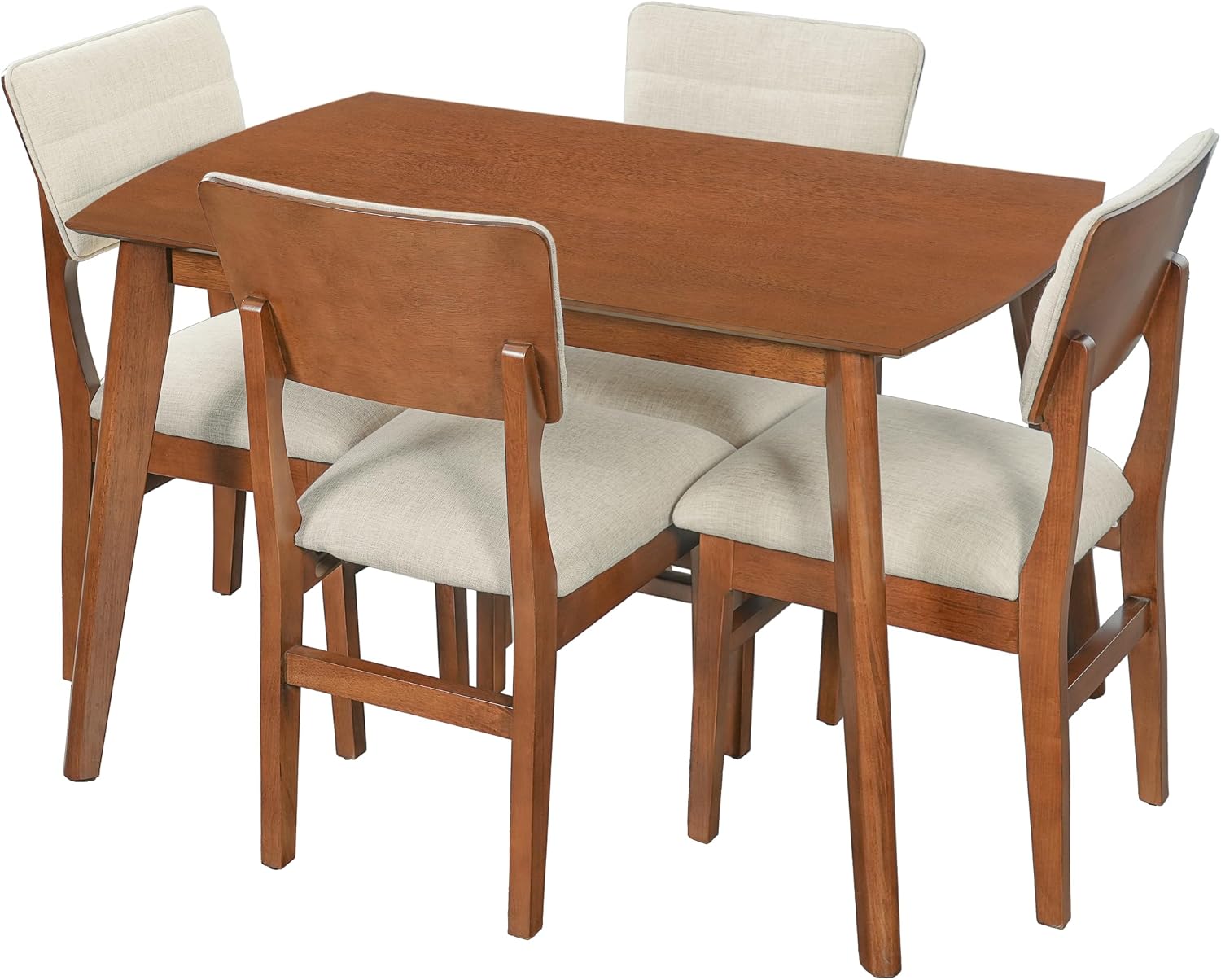 Merax 5 Piece Solid Wood Dining Table Set, Farmhouse Mid-Century Modern Table & 4 Upholstered Chairs for Home, Kitchen, Apartment, Space Saving, Brown+Biege
