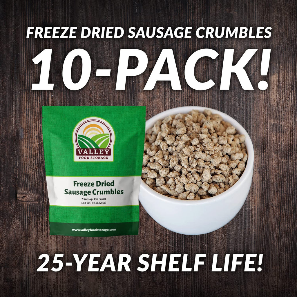 Valley Food Storage Freeze Dried Sausage Crumbles | 10-Bag Bucket, 85 oz | Premium Emergency Food Supply, 25 Year Shelf Life | Prepper Supplies, Survival Food, Camping & Off-Grid Living | Packaged in USA