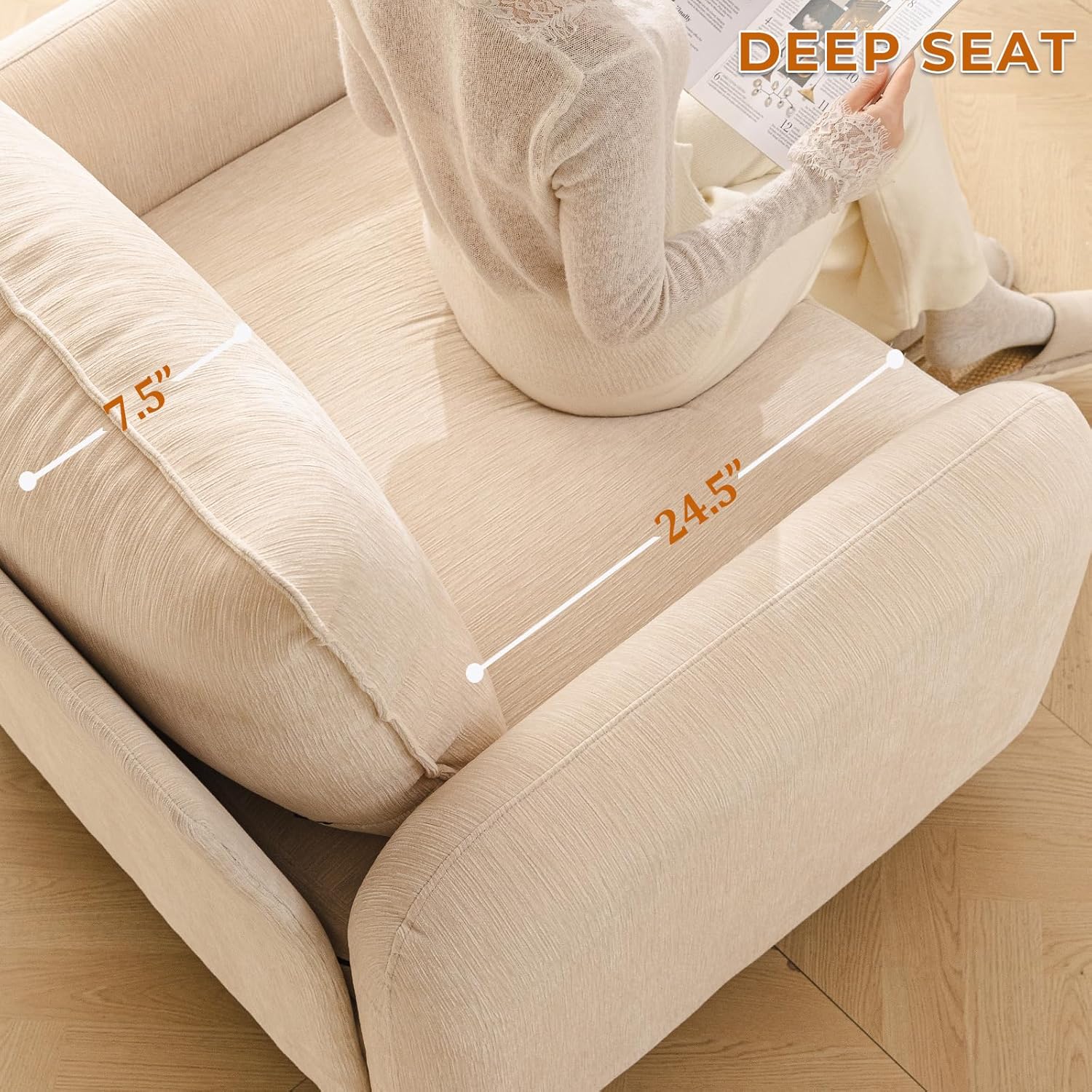 Rexulqo Oversized Accent Chair with Seats Storage,Comfy Living Room Chairs with 2 Throw Pillow,Upholstered Mid-Century Armchair,24.5'' Deep Seat,Reading Chair for Bedroom,Office,Chenille,Cream