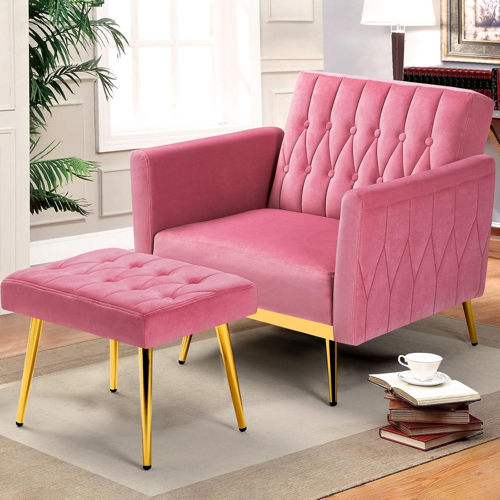 Velvet Accent Chair with Adjustable Armrests and Backrest, Button Tufted Lounge Chair, Single Recliner Armchair with Ottoman and Pillow for Living Room, Bedroom, Pink