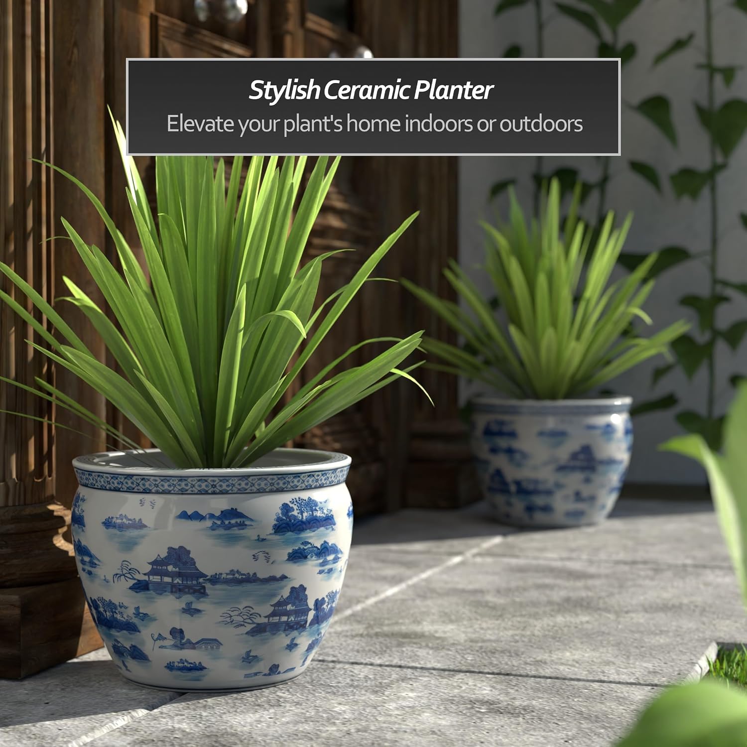 Red Lantern 14' Landscape Blue & White Porcelain Fishbowl Planter or Cachepot for Indoor/Outdoor Use in Garden Entryway Living Room Boho Eclectic Modern Contemporary Classic Traditional Style Decor