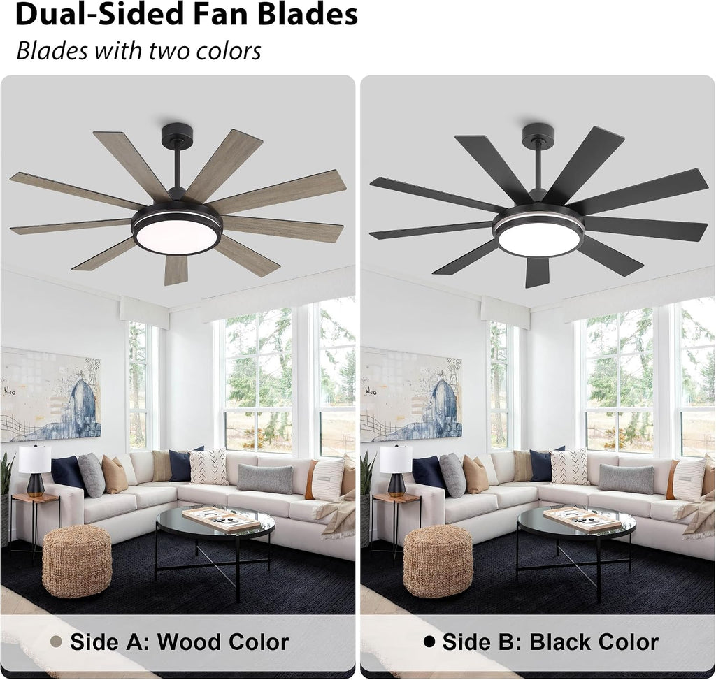 WINGBO 60' Ceiling Fan with Light - Large LED Dimmable Light, 6-Speed Remote Control, Reversible DC Motor, Modern Ceiling Fan 9 Blades for Bedroom, Living Room, Indoor Outdoor Black and Driftwood