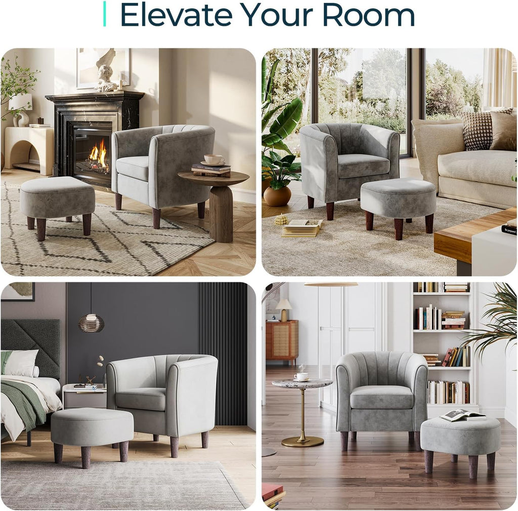 LINSY Accent Chair with Ottoman, Modern Armchair Comfy Barrel Reading Chair with Footrest for Living Room Bedroom Reading Room, Velvet, Light Grey