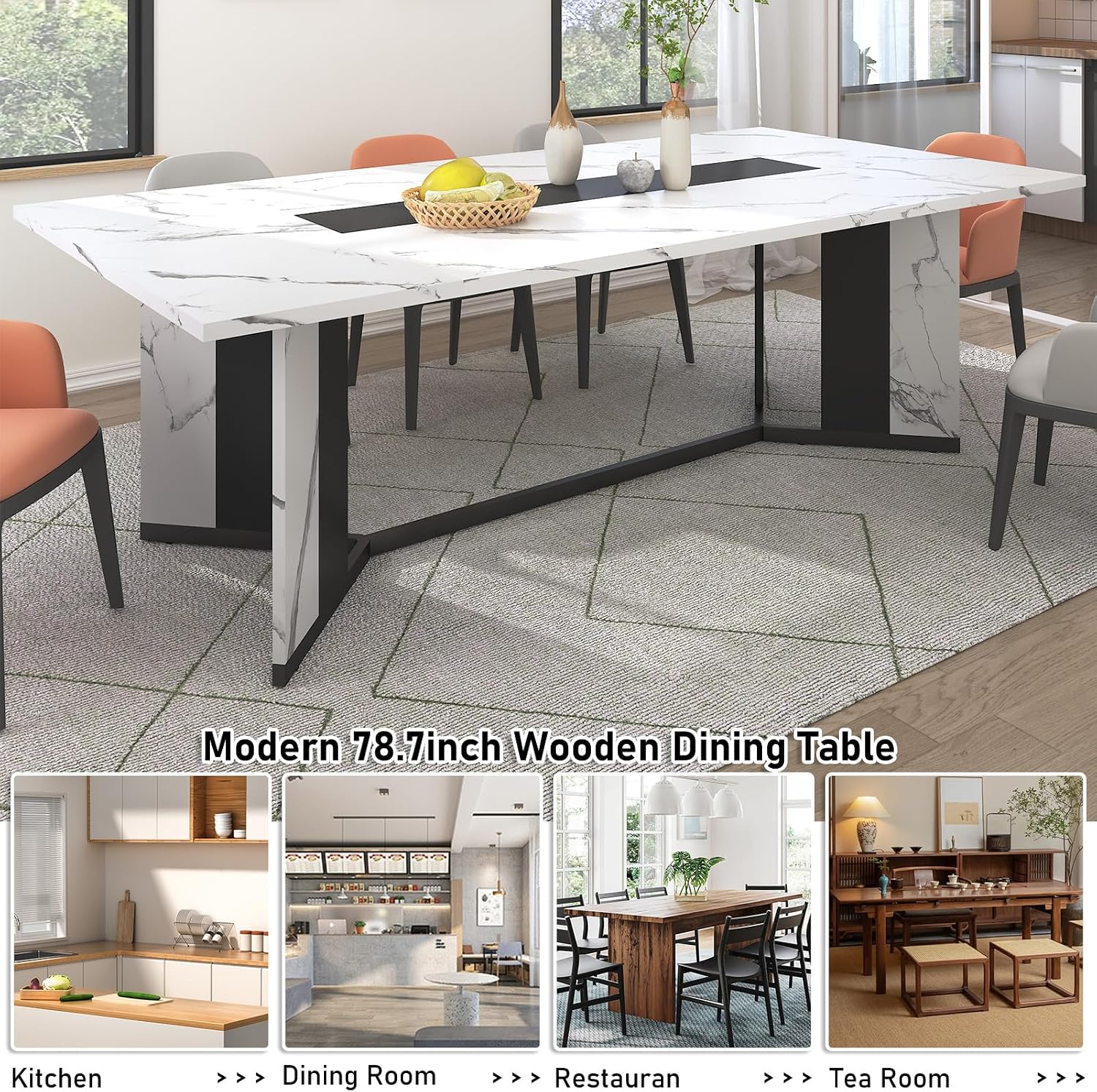 Hlivelood 78Inch Large Dining Table for 6 8 People,Wooden Rectangular Kitchen Table W/Waterproof Tabletop,Large Rectangle Furniture W/Adjustable Legs,White Dinner Table for Kitchen Dining Room(78IN)