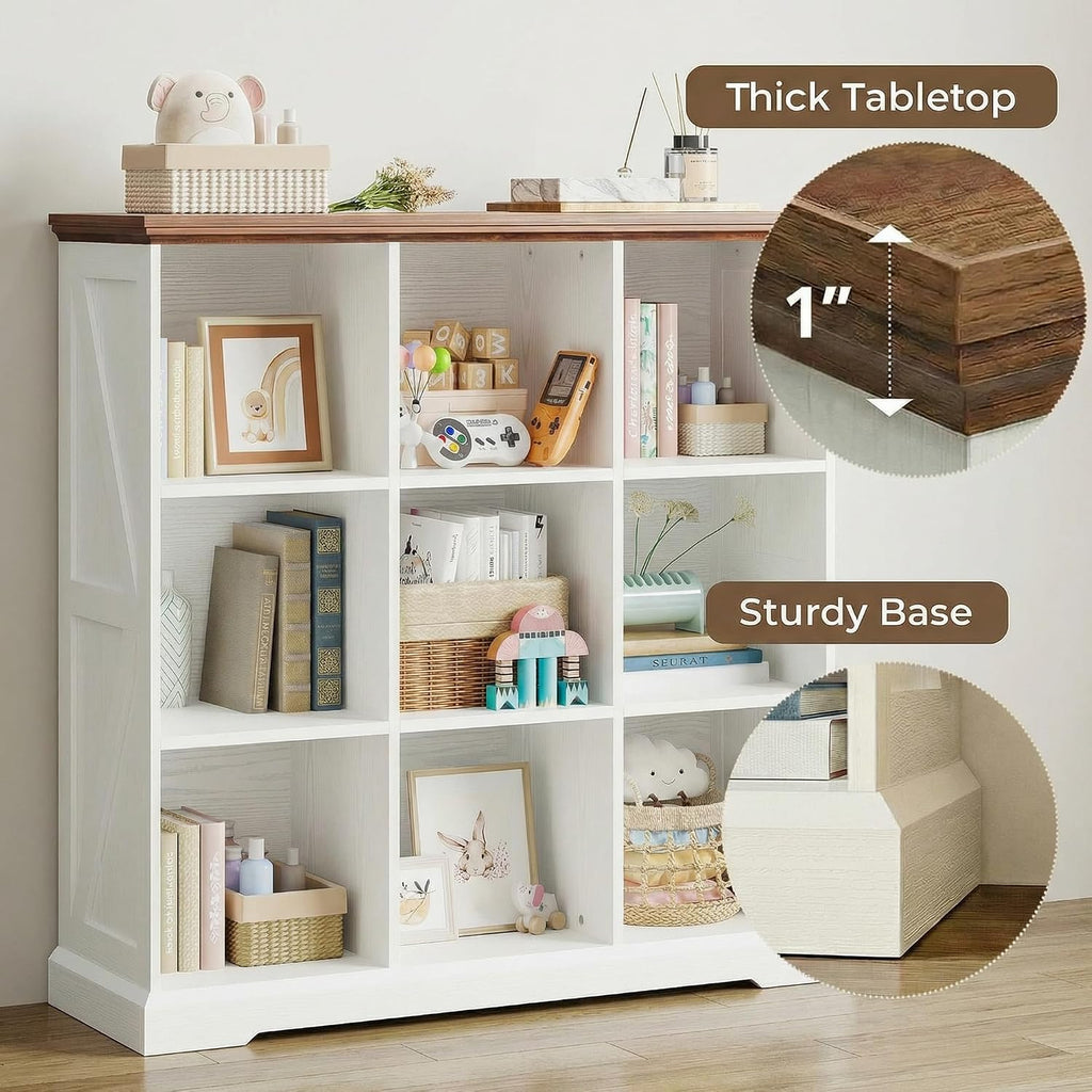IRONCK Wooden 9 Cube Storage Organizer, Cube Shelf Organizer with Storage, Farmhouse Short Bookshelf for Bedroom, Living Room and Home Office, White