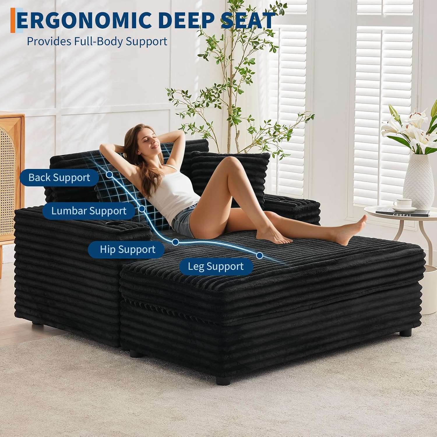GarveeHome Oversized Chaise Lounge Chair Indoor, 56x60 in Comfortable Corduroy Lounge Sofa with Charging Ports & Cup Holders, Cozy Reading Couch for Bedroom Living Room Apartment, Black (Black)