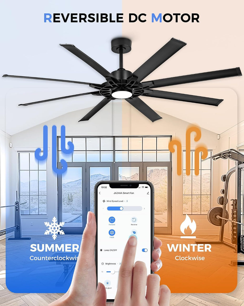 72 Inch Ceiling Fan With Light, Industrial Ceiling Fan With 8 Aluminium Metal Blades, Smart Fan Compatible with Alexa, Garage Indoor Fan For Living Room and Patio, ZCCF05ABK-72
