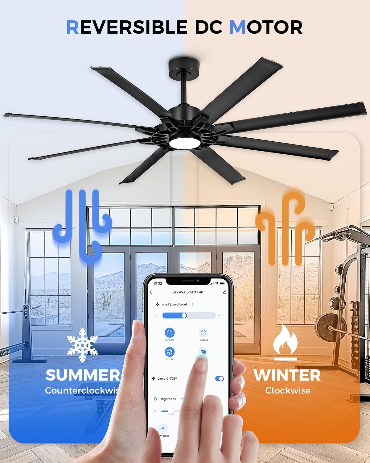 72 Inch Ceiling Fan With Light, Industrial Ceiling Fan With 8 Aluminium Metal Blades, Smart Fan Compatible with Alexa, Garage Indoor Fan For Living Room and Patio, ZCCF05ABK-72