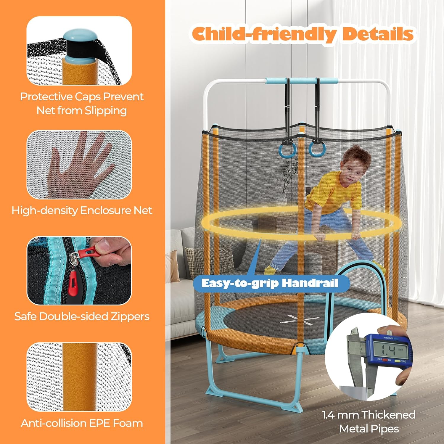 Goplus 60'' Trampoline for Kids, 3-in-1 Toddler Trampoline with Gymnastic Bar, Swinging Rings, Heightened Safety Enclosure Net, 5 FT Indoor Outdoor Recreational Rebounder for Boys Girls