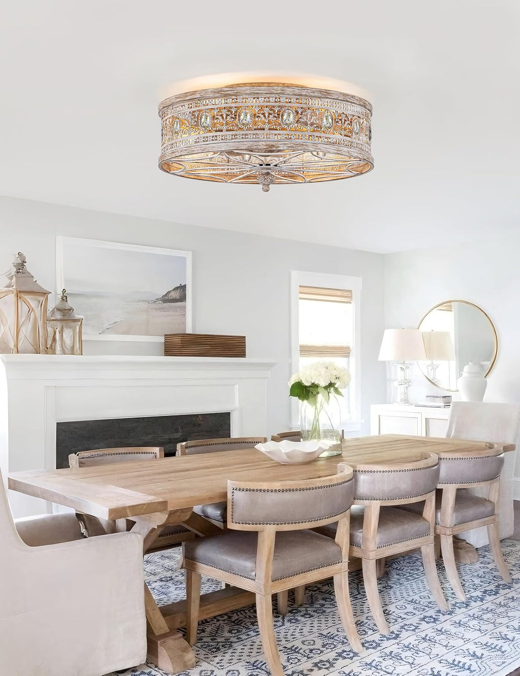 Farmhouse Fandelier Ceiling Fan with Light and Remote,Rustic Country Cottage Crystal Caged Wood-Look Light Fixture,Low Profile Flush Mount Enclosed Bladeless for Bedroom,Kitchen Island,Dining Room