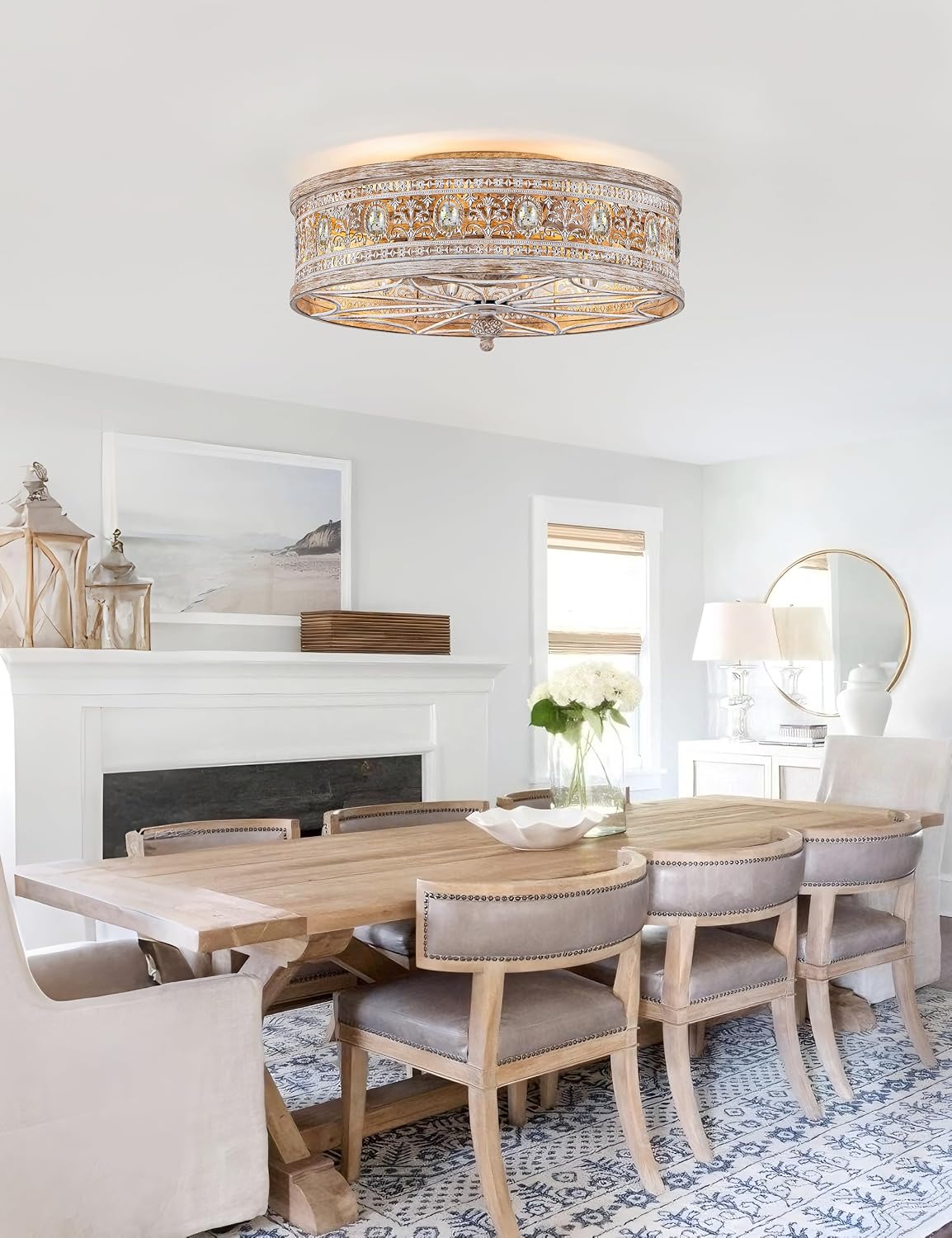 Farmhouse Fandelier Ceiling Fan with Light and Remote,Rustic Country Cottage Crystal Caged Wood-Look Light Fixture,Low Profile Flush Mount Enclosed Bladeless for Bedroom,Kitchen Island,Dining Room