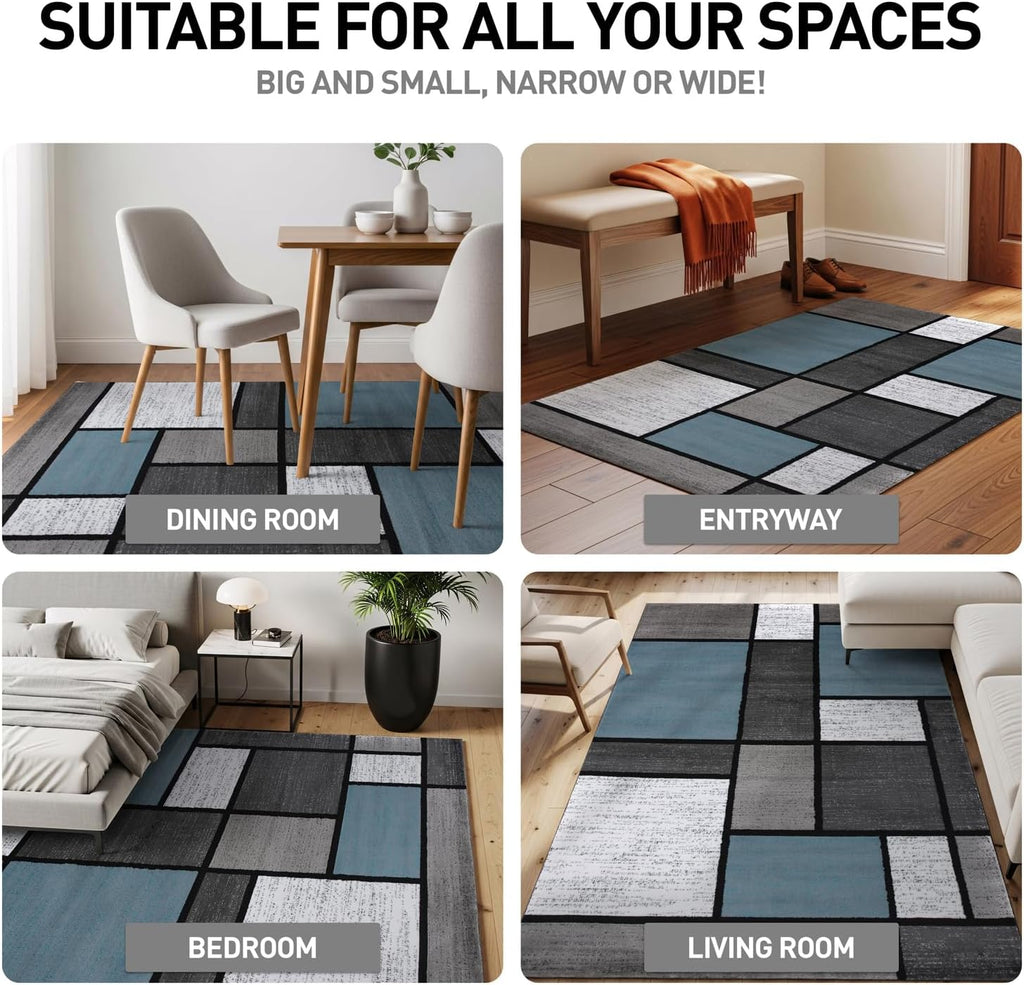 Rugshop Modern Geometric Blocks Area Rug, Non-Shedding Carpet with Abstract Patchwork Design for Living Room Bedroom or Home Office Blue Gray 6'6' x 9'