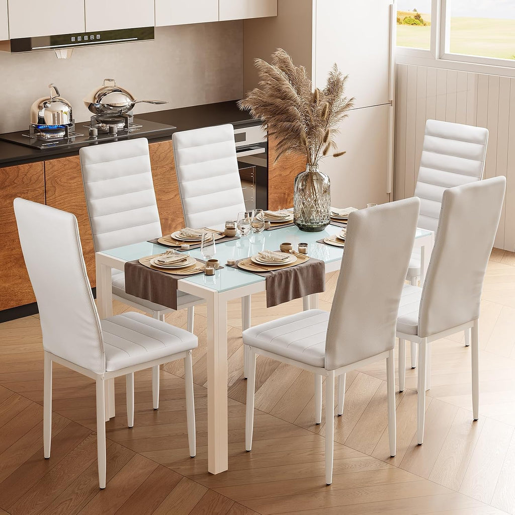 Bealife Kitchen Dining Table Set for 6, Tempered Glass 7 Piece Table and Chairs Set Modern for Home, Kitchen, Living Room, Dining Room, White