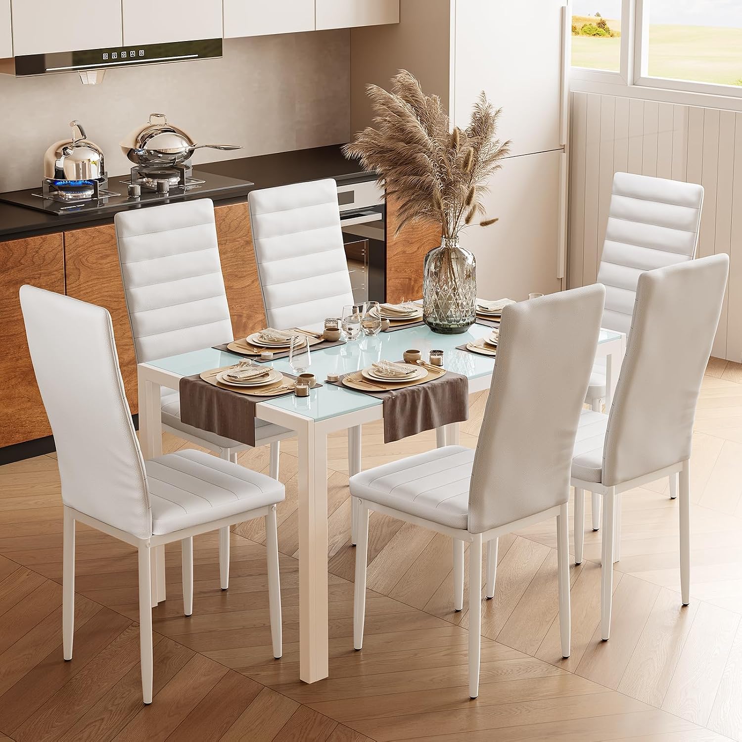 Bealife Kitchen Dining Table Set for 6, Tempered Glass 7 Piece Table and Chairs Set Modern for Home, Kitchen, Living Room, Dining Room, White
