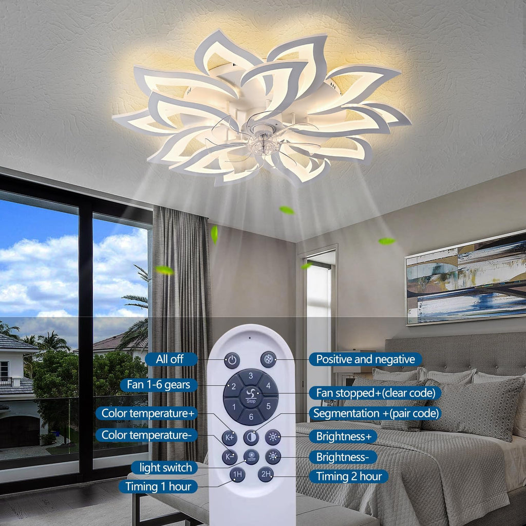 Dalouguan 35' White Modern Ceiling Fan with Lights Remote Control, 6 Speeds 3 Light Color Low Profile Flush Mount Ceiling Fan with light for Kitchen Living Room