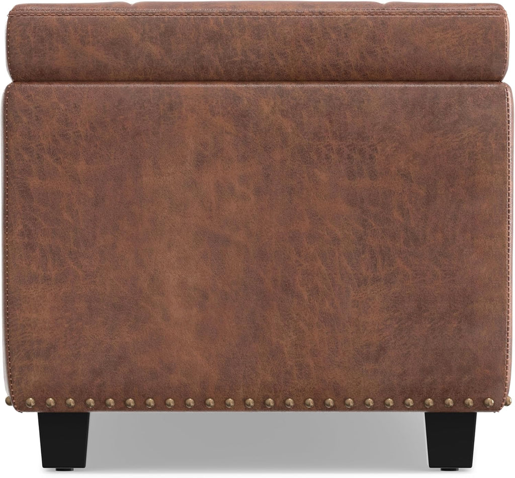 SIMPLIHOME Hamilton Storage Ottoman - 48 inch Wide Upholstered Vegan Leather Rectangle Storage Ottoman Bench in Distressed Umber Brown, Traditional Tufted Ottoman for Living Room with Lift-Up Lid
