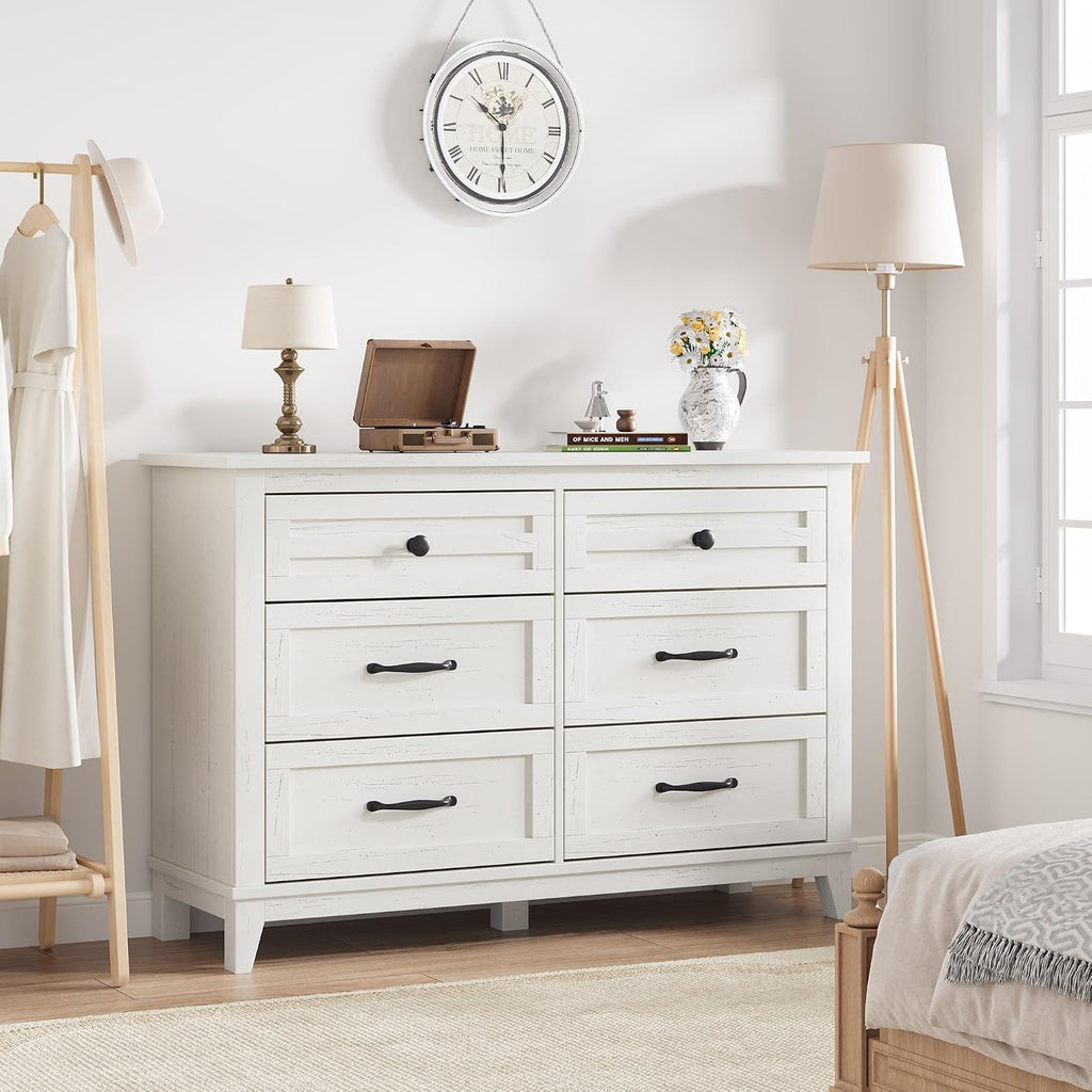 GarveeHome 6 Dresser for Bedroom, 47 in Wide Drawer Dresser with Storage Freestanding, Wooden Closet Storage Chest for Living Room, Bedroom, Entryway, Ash White