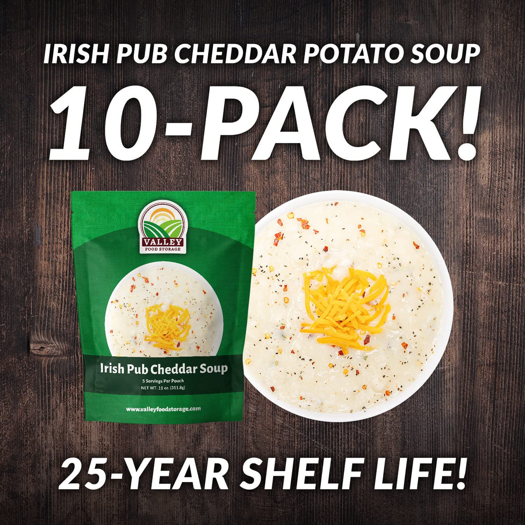 Valley Food Storage Irish Pub Cheddar Potato Soup 10-Bag Bucket, 50 Servings | Premium Non-GMO Emergency Food Supply with 25 Year Shelf Life | Survival Meals, Prepper Food, Camping & Off-Grid Supplies