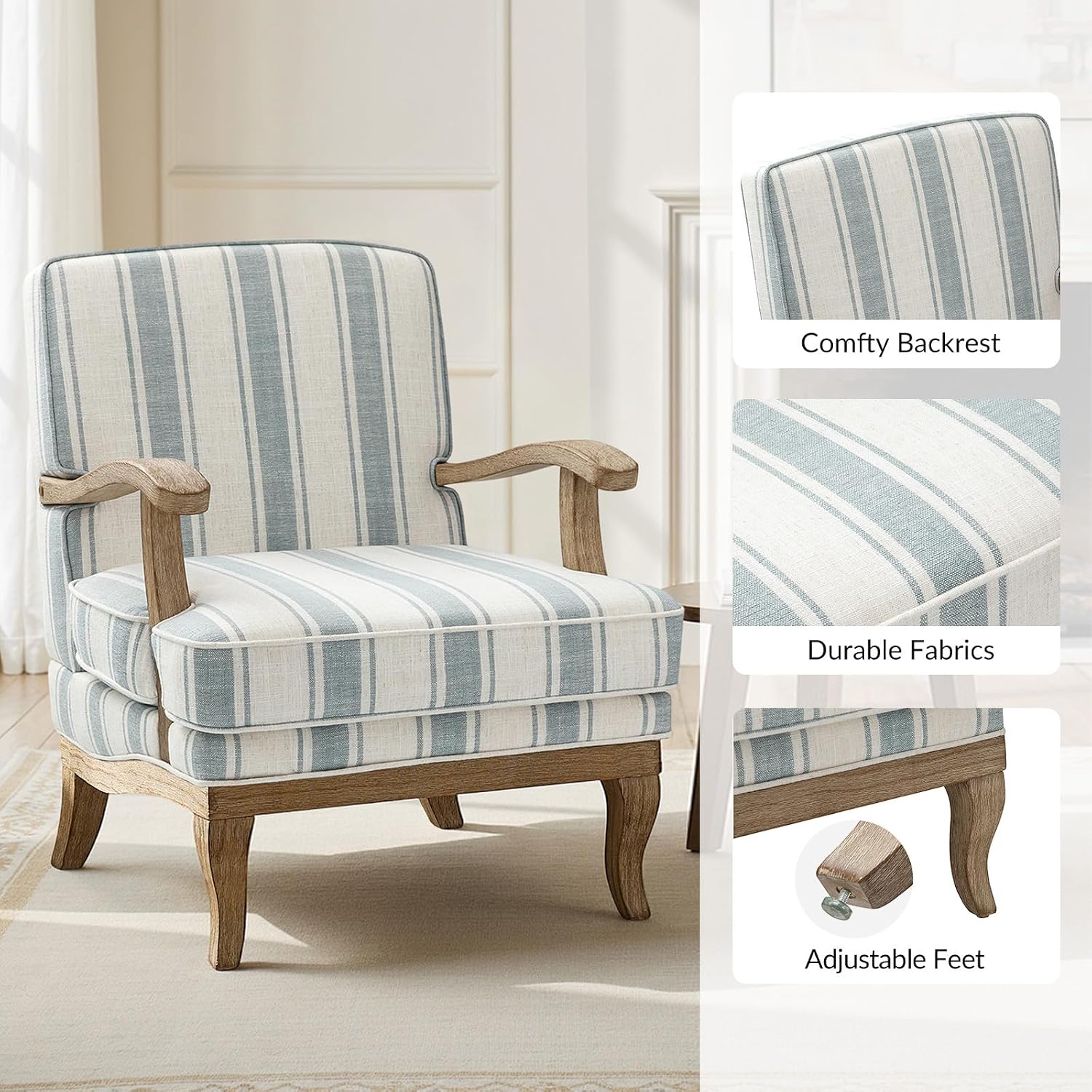 HULALA HOME Upholstered Accent Chair, Mid-Century Modern Striped Chair with Graceful Curves and Wooden Legs, Comfy Lounge Armchair Striped Accent Chairs for Living Room, Bedroom (Blue)