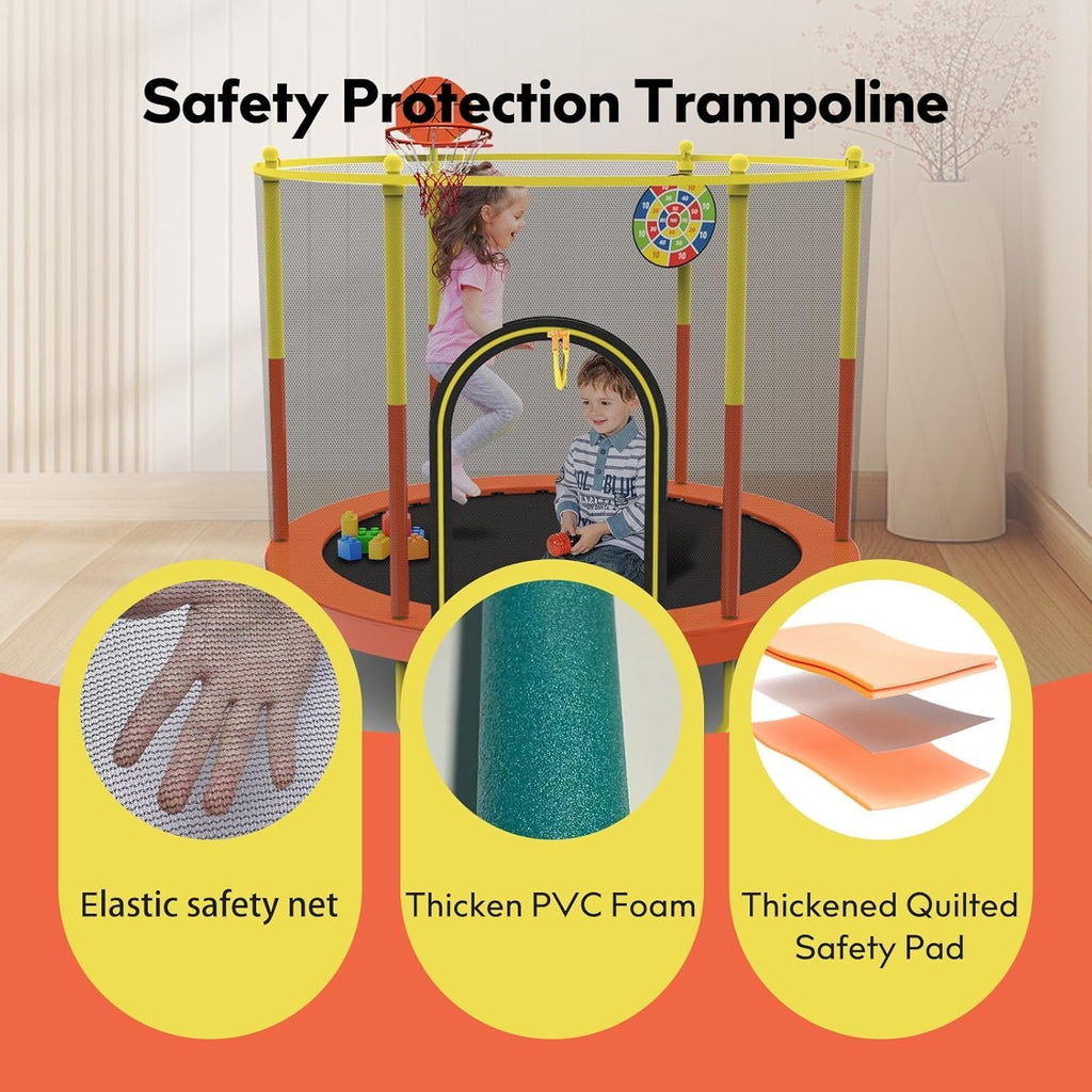 72' Trampoline for Kids with Net,6 FT Indoor & Outdoor Small Toddler Trampoline with Basketball Hoop & Dart Board for Ages 1-8, Birthday Gifts for Boys & Girls, Baby Toddler Christmas Toys