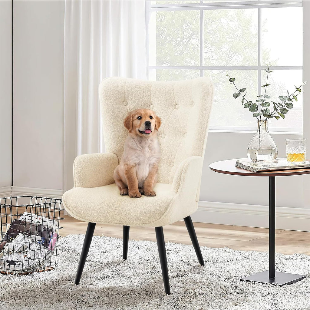 Furnimart Accent Chairs Set of 2, White Sherpa Reading Armchair with High Backrest, Wingback Corner Chair Mid Century Modern for Living Room, Bedroom, Waiting Room