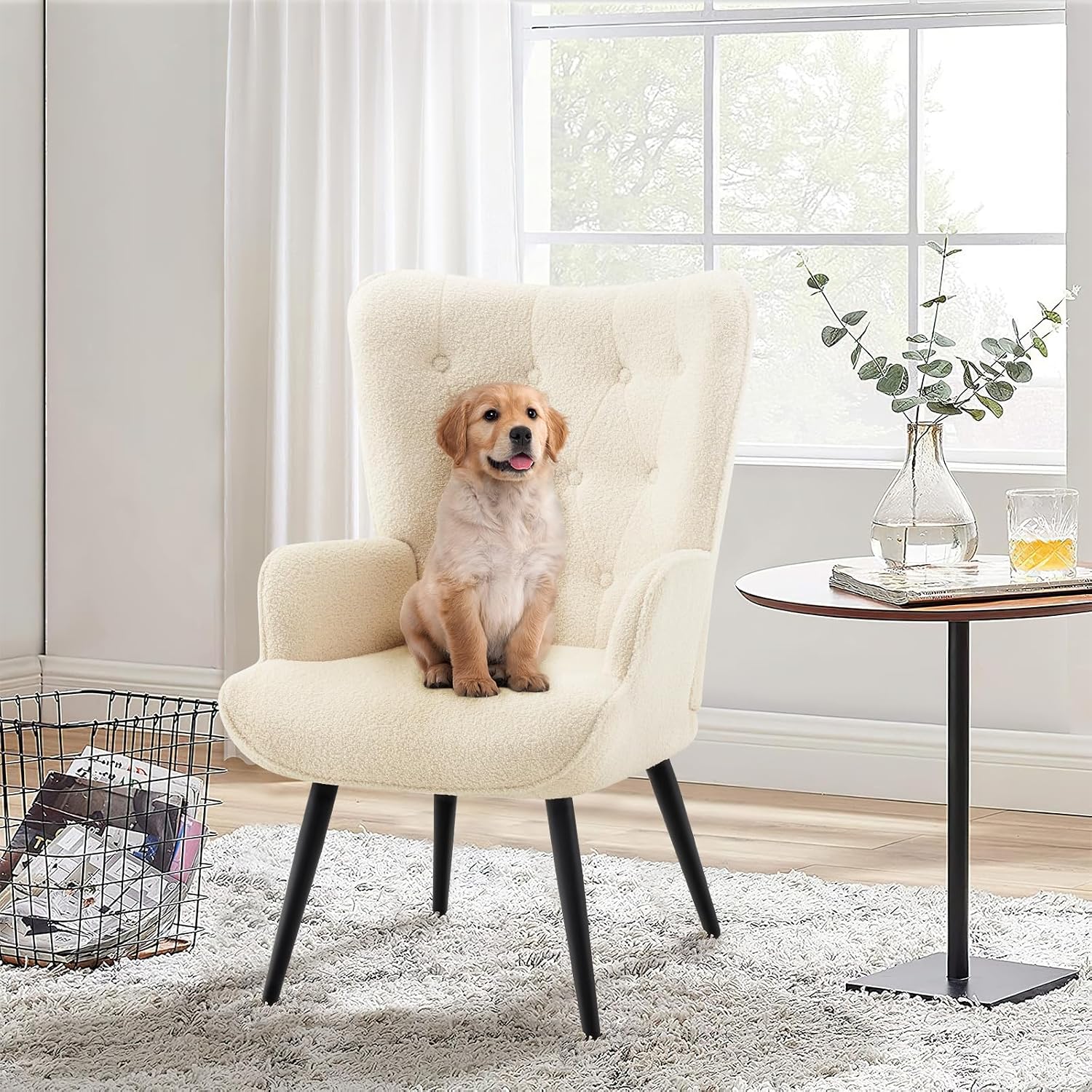 Furnimart Accent Chairs Set of 2, White Sherpa Reading Armchair with High Backrest, Wingback Corner Chair Mid Century Modern for Living Room, Bedroom, Waiting Room