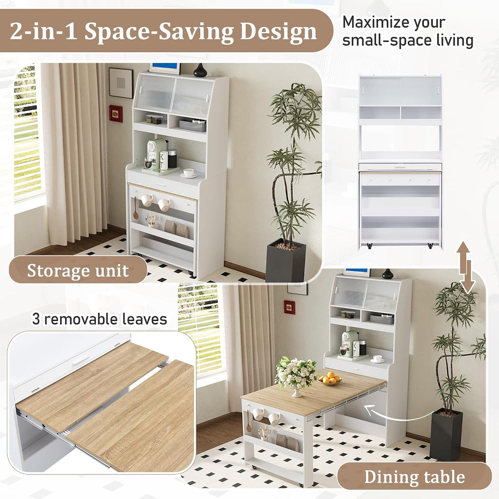 Merax Sideboard Buffet Cabinet with Foldable Dining Table, Multifunctional Cupboard with Storage Shelf and Hooks, for Small Places,Studio, Apartment