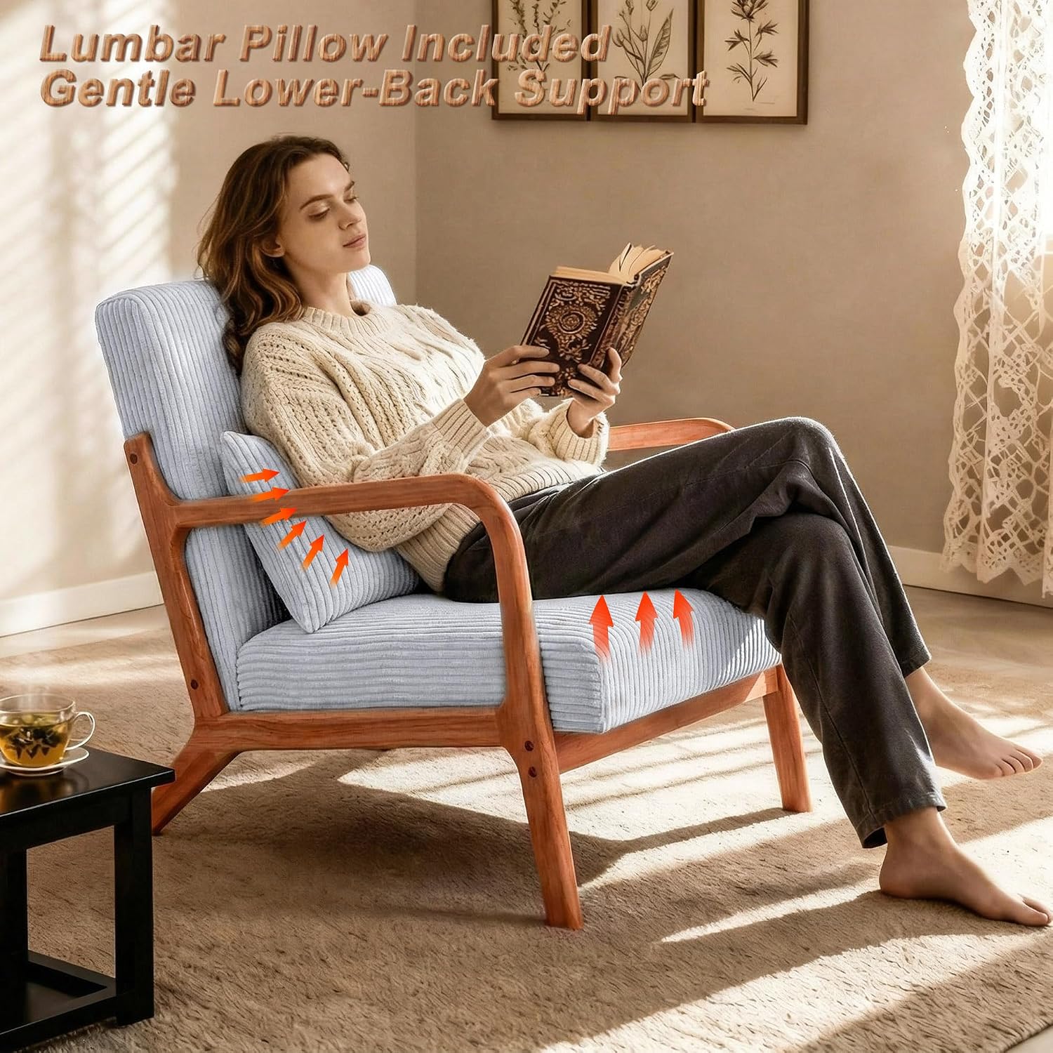 Mid Century Modern Accent Chair with Solid Rubberwood Frame, Comfy Corduroy Reading Armchair with Lumbar Pillow, Compact Lounge Chair for Bedroom, Nursery & Small Spaces, Light Grey