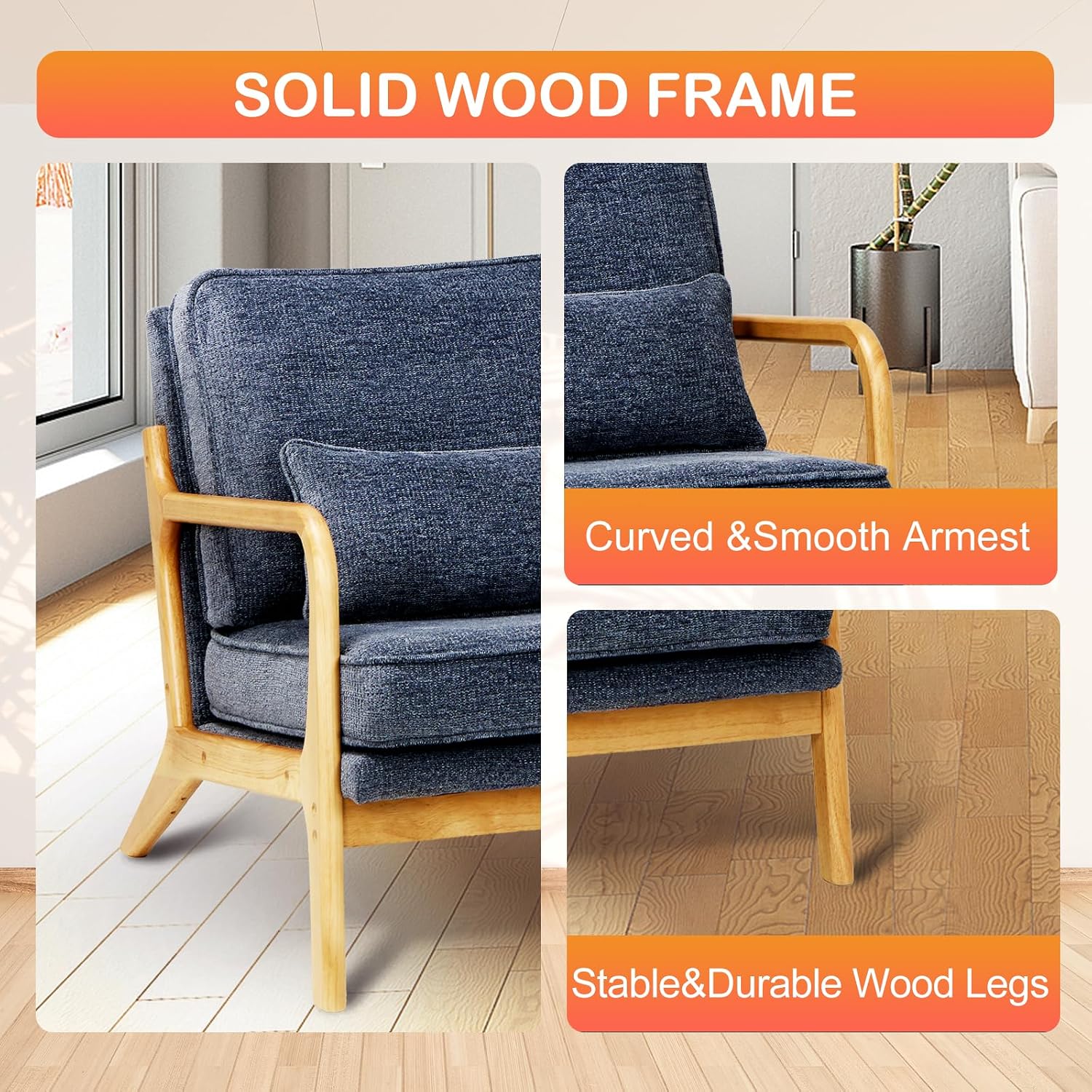 MALOL Modern Accent Chair Set of 2 with Lumbar Pillow, Relaxing Mid Century Chair Armchair with Solid Wood Frame & Soft Cushion, Reading Leisure Armchair for Living Room, Blue