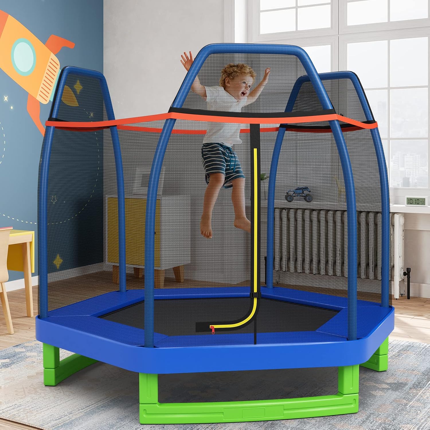 GYMAX Trampoline for Kids, 7FT Toddler Trampoline with Safety Enclosure Net & Seamless Spring Pad, Heavy Duty Small Indoor/Outdoor Trampoline for Boys, Girls Age 3+