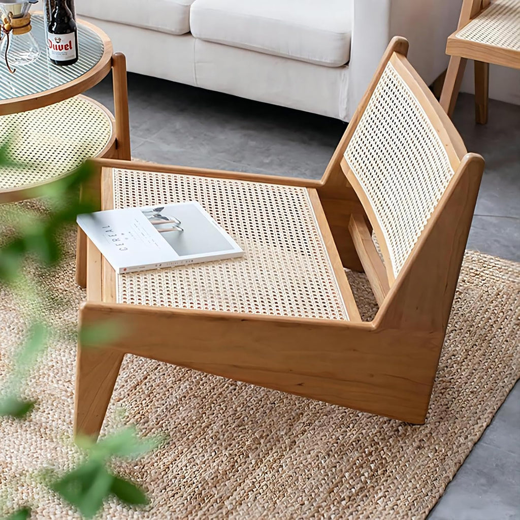 homary Mid Century Modern Chair Japandi Walnut Rattan and Wood Lounge Chairs Armless Accent Chair for Living Room Bedroom Balcony & Patio