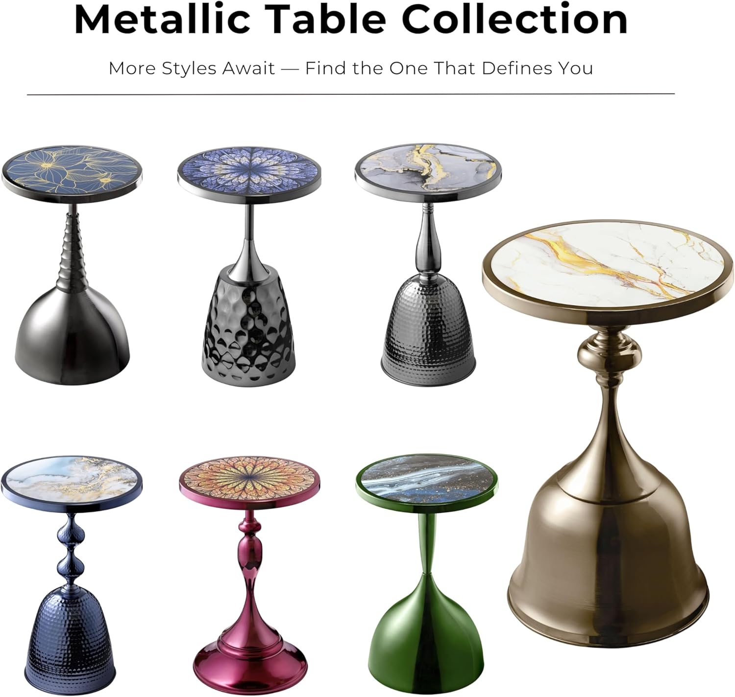 Homes: Inside + Out Halric Modern 25' Tall Round End Table with Decorated Tabletop and Iron Metal Base, Accent Furniture, Elegant Pedestal Stand for Living Room, Home Office, Chrome Blue
