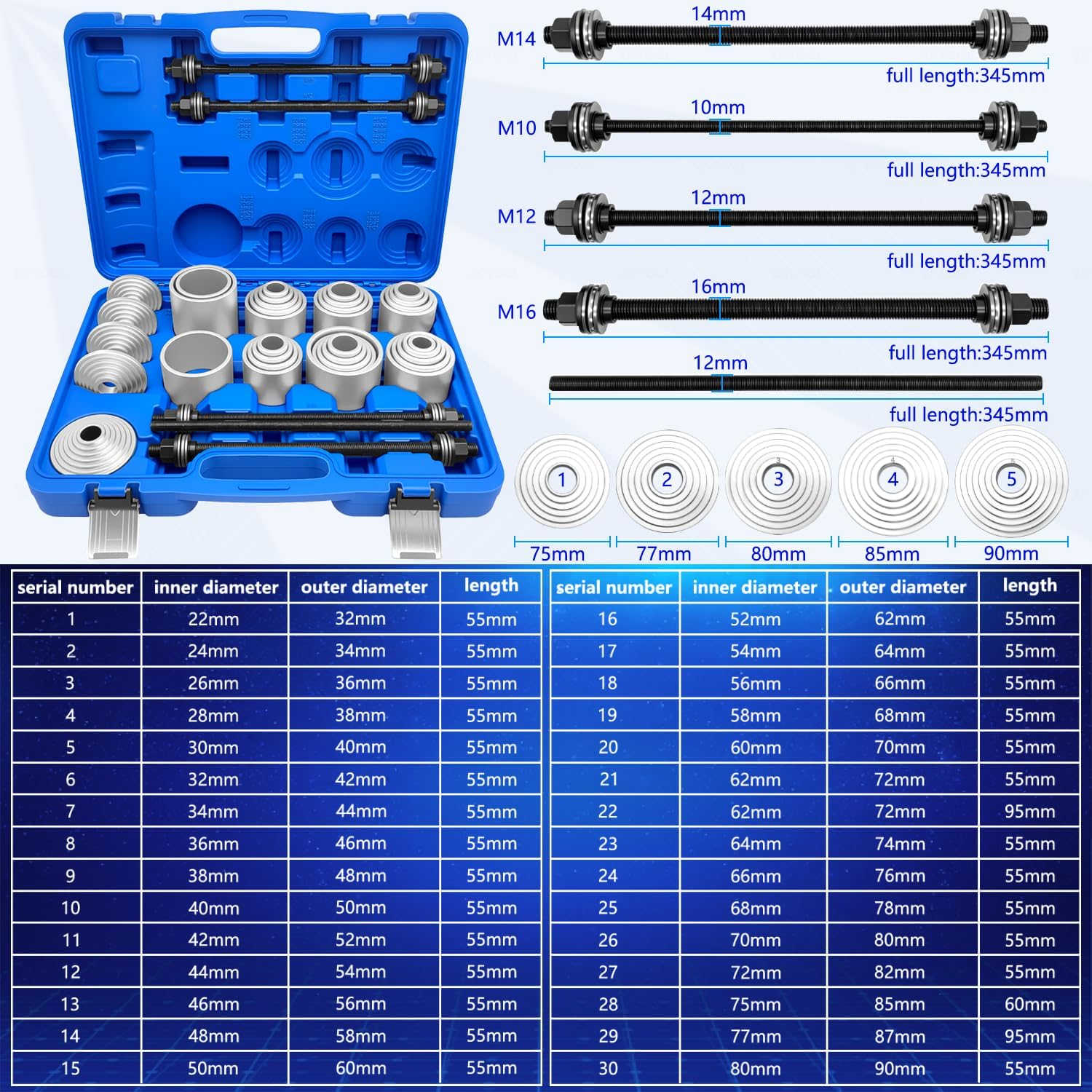 ZKTOOL 40Pcs Universal Pull and Press Sleeve Kit, Bushing Press Tool Set for Most Engine Cars Vehicles, Seal Bearing Bushing Removal Installation Tool Kit 5 Pulling Spindles with Nuts Case & Gloves