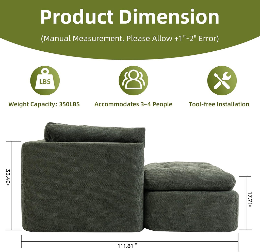Tufted Cushions Cloud Sectional Boneless Sectional Sofa with Movable Ottoman, 112' Oversized Modular Convertible L Shaped Corner Couch with Deep Seat,Memory Foam Compressed Sofa