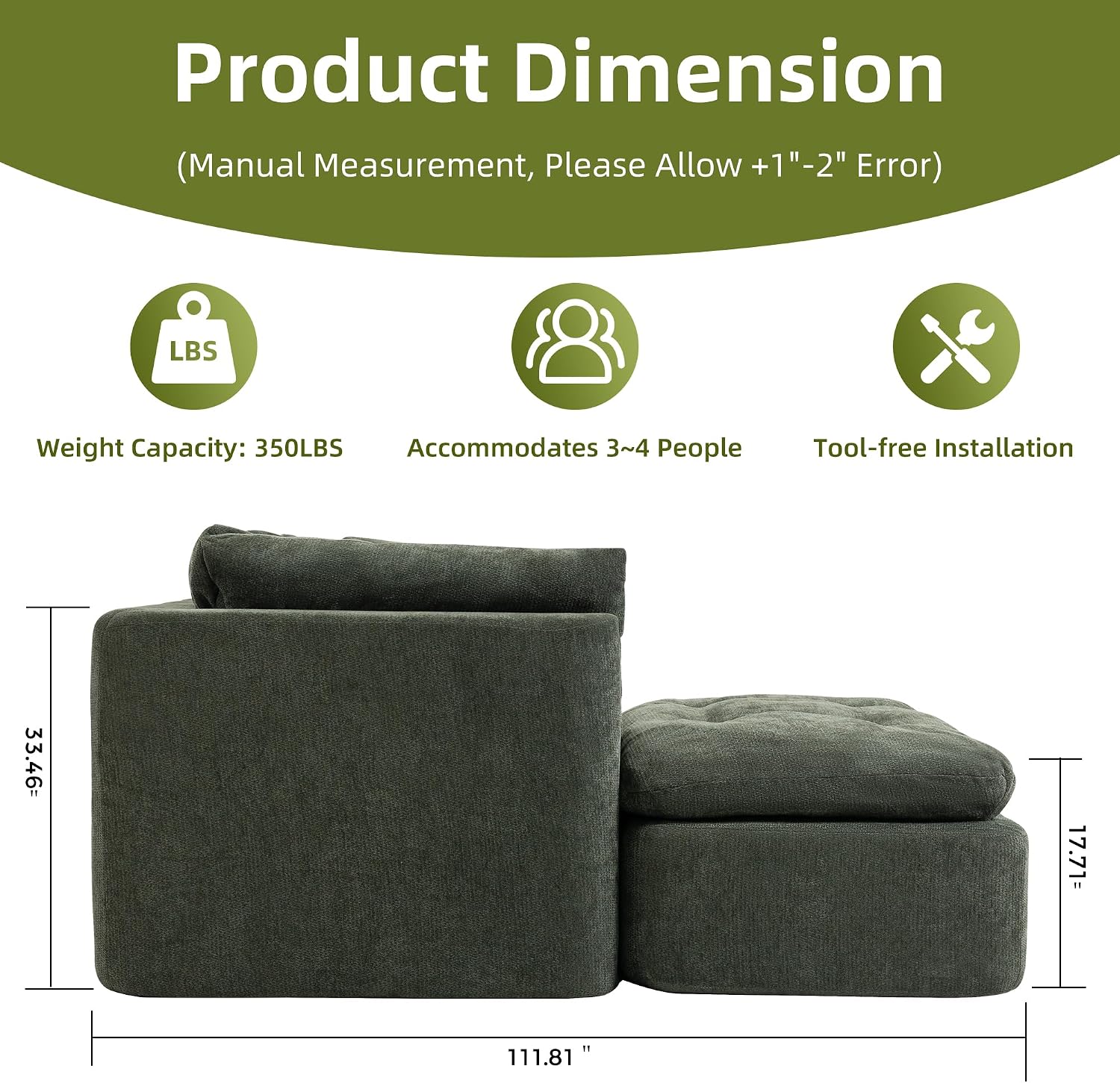 Tufted Cushions Cloud Sectional Boneless Sectional Sofa with Movable Ottoman, 112' Oversized Modular Convertible L Shaped Corner Couch with Deep Seat,Memory Foam Compressed Sofa