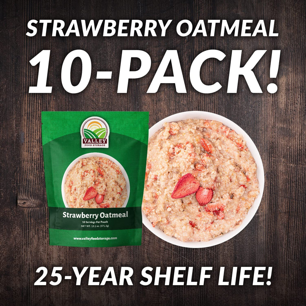 Valley Food Storage Freeze Dried Strawberry Oatmeal | 10-Bag Bucket, 100 Servings | Premium Emergency Food Supply with 25 Year Shelf Life | Non-GMO Freeze Dried Breakfast & Prepper Food