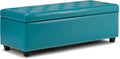SIMPLIHOME Hamilton Storage Ottoman - 48 inch Wide Upholstered Vegan Leather Rectangle Storage Ottoman Bench in Mediterranean Blue, Traditional Tufted Ottoman for Living Room with Lift-Up Lid