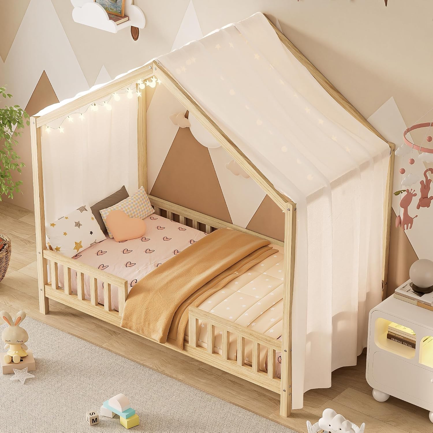 Bellemave Twin House BedFrame with Canopy, Montessori Floor Bed, House Bed with Rails for Kids, Natural