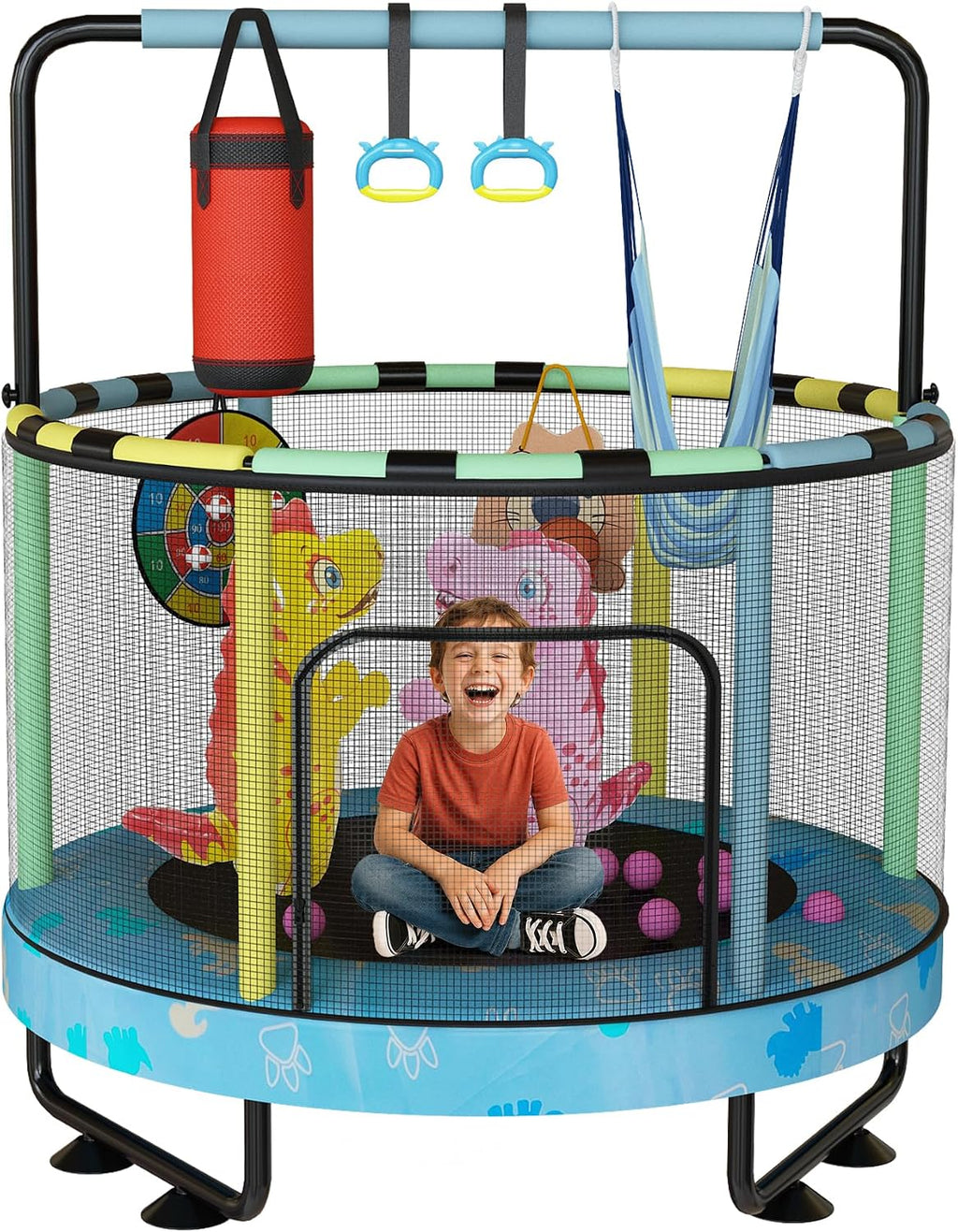 Lamerge Kids Trampoline, Toddler Bouncing Trampoline with Safety Enclosure Net, ASTM-Approved, 500lbs Capacity, Ages 1-8, Adjustable Handrail, 7-in-1, 60'