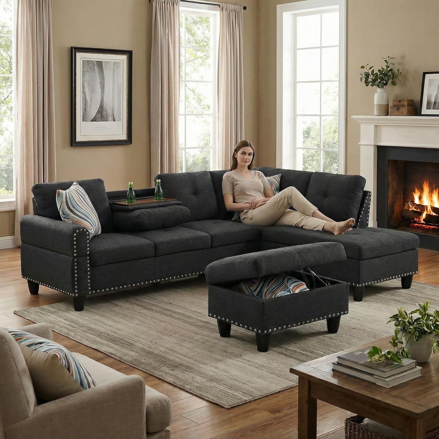 97.5' L Shaped Couch Set, Modular Sectional Couches for Living Room with Storage Ottoman, 4 Seat Home Sofa Living Room Furniture Sets with Chaise for Apartment Office (Linen, Dark Grey)