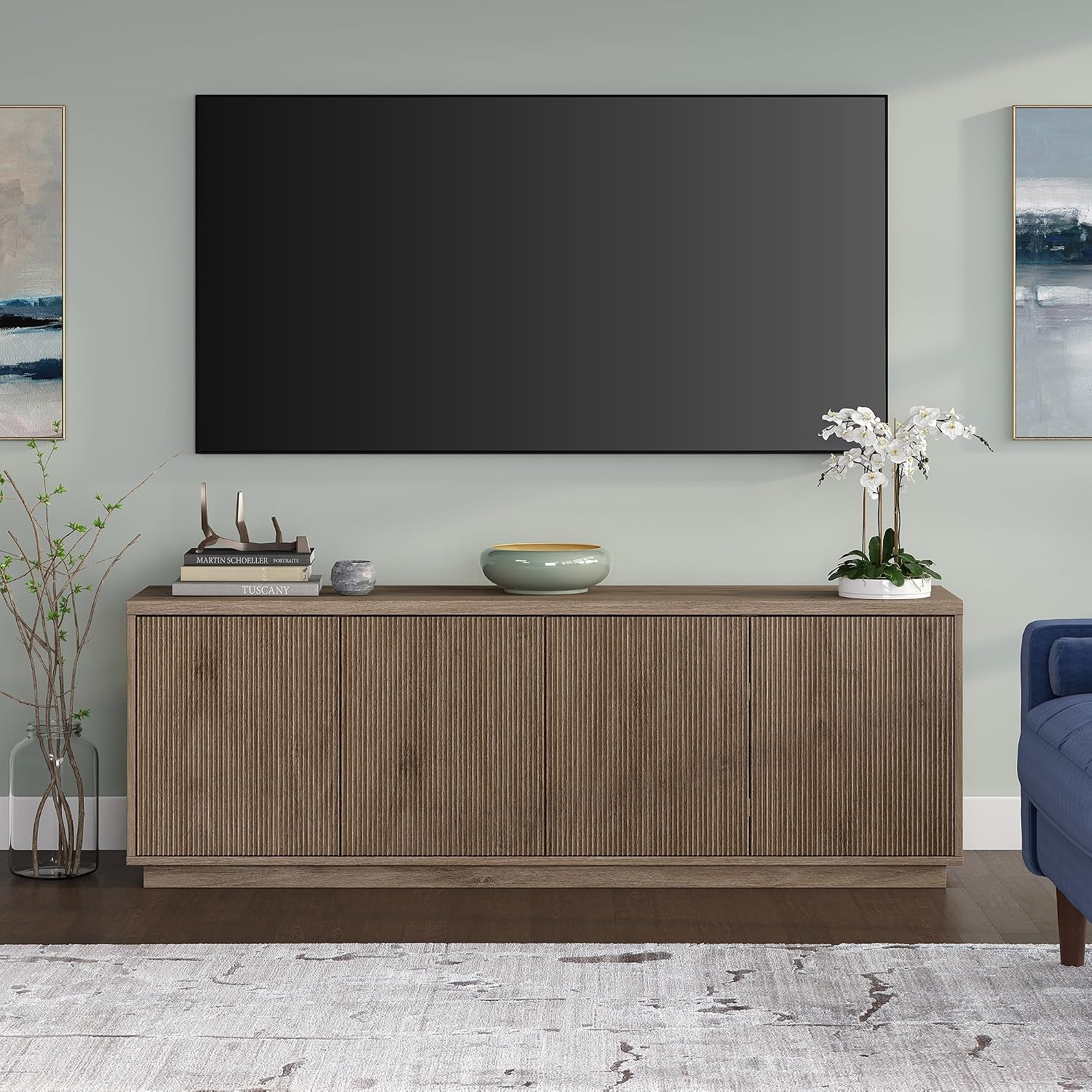 Henn&Hart Fluted TV Stand for TVs up to 75' with 2 Concealed Ribbed Storage Cabinets and Adjustable Shelves for Living Room, Family Room, or Office, Weathered Gray