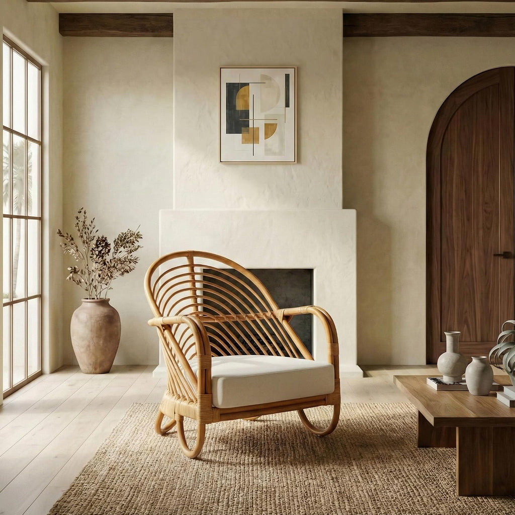 SAFAVIEH Couture Collection Ivybelle Tropical Coastal Natural Rattan/White Linen Cushion Accent Chair (Fully Assembled)