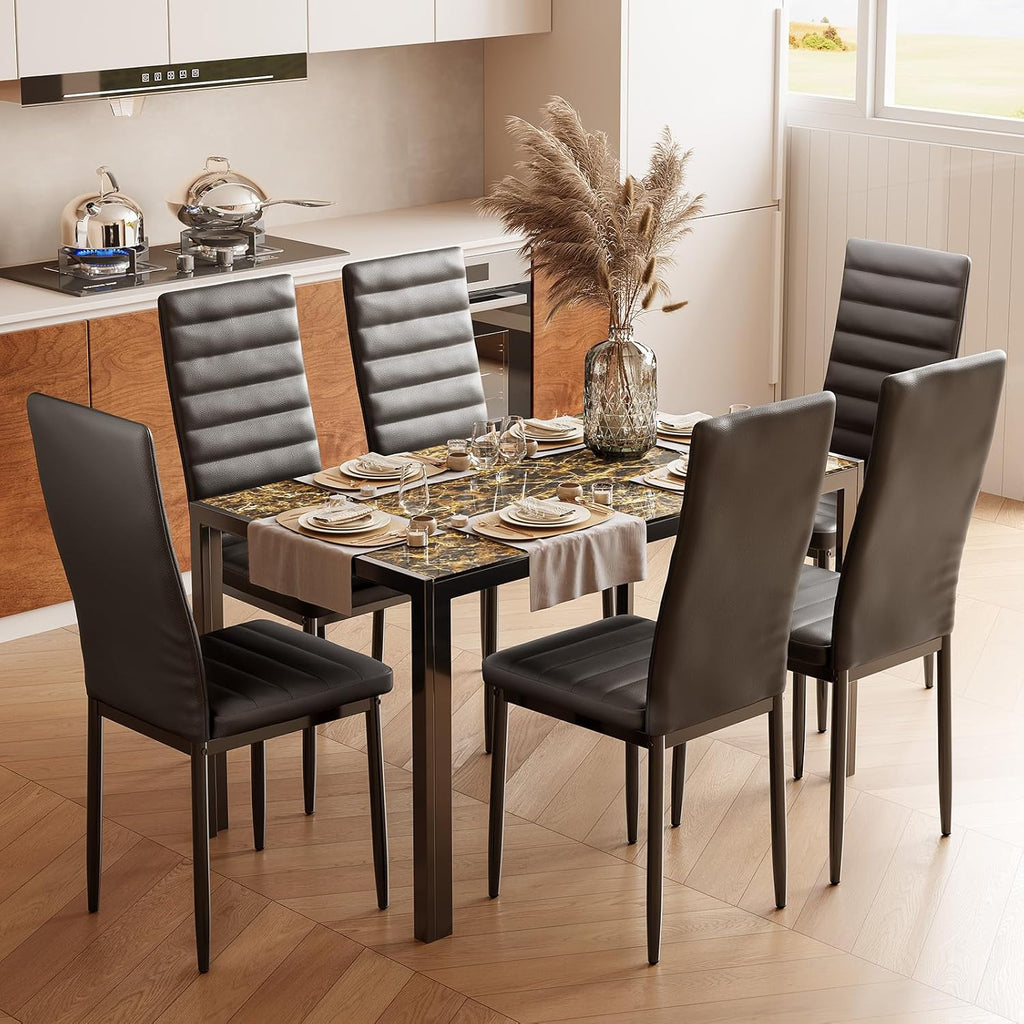Bealife Kitchen Dining Table Set for 6, Tempered Glass 7 Piece Table and Chairs Set Modern for Home, Kitchen, Living Room, Dining Room, Marble