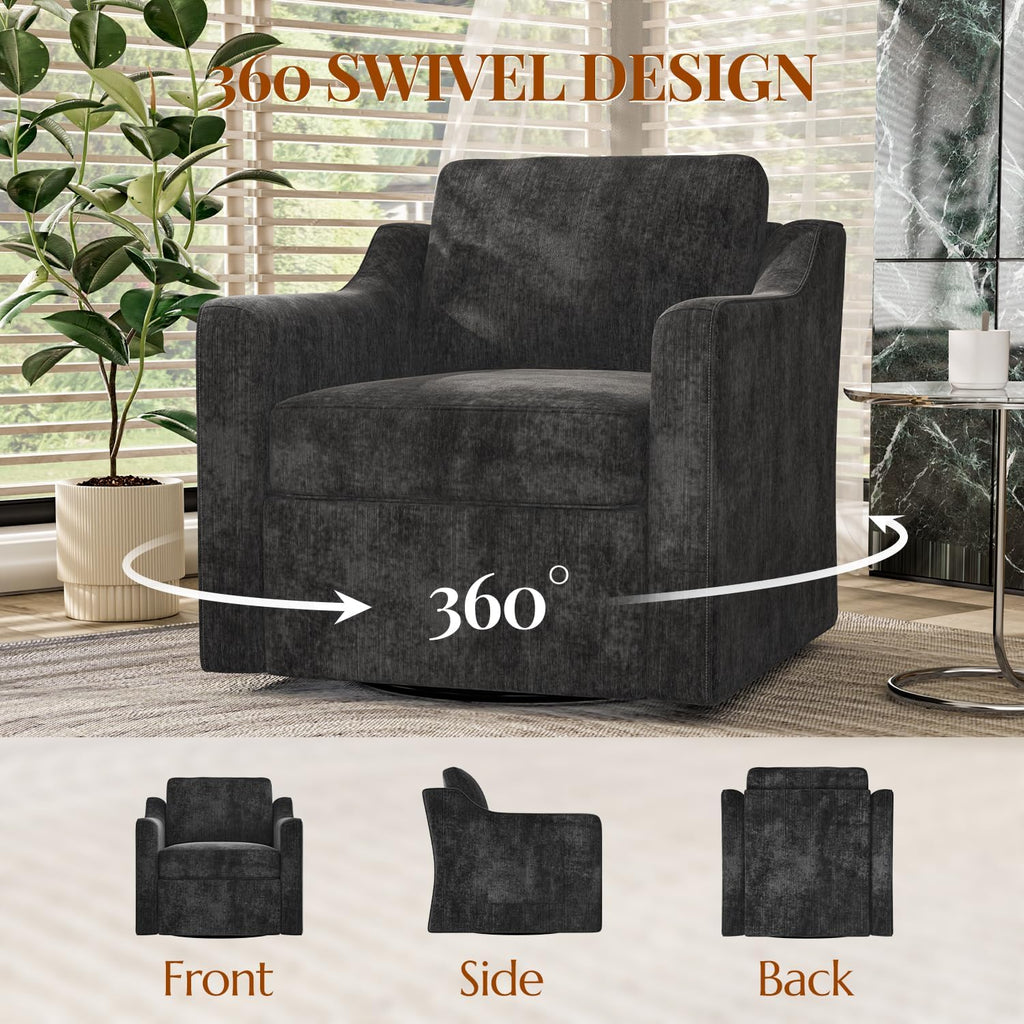 360° Swivel Accent Chair, Large Comfy Reading Chair, Square Single-Seat Armchair Upholstered Sofa for Reading, Nursery, Living Room, Bedroom, Lounge, Hotel, Black