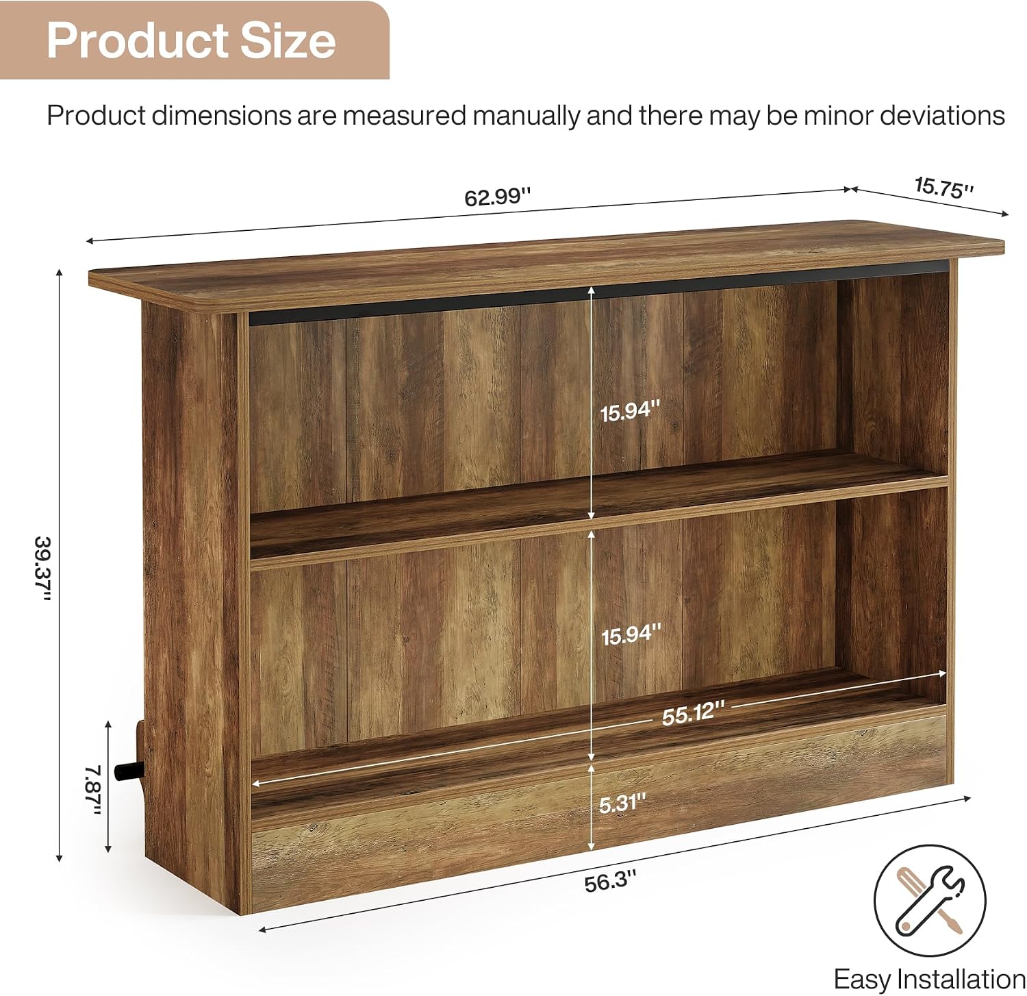 63-Inch Bar Table, 2-Tier Bar Cabinet Height Pub Table with Footrest, Modern Coffee Cabinet for Home Kitchen, Large Home Unit Liquor Furniture, Bistro, Dining Room, Living Room