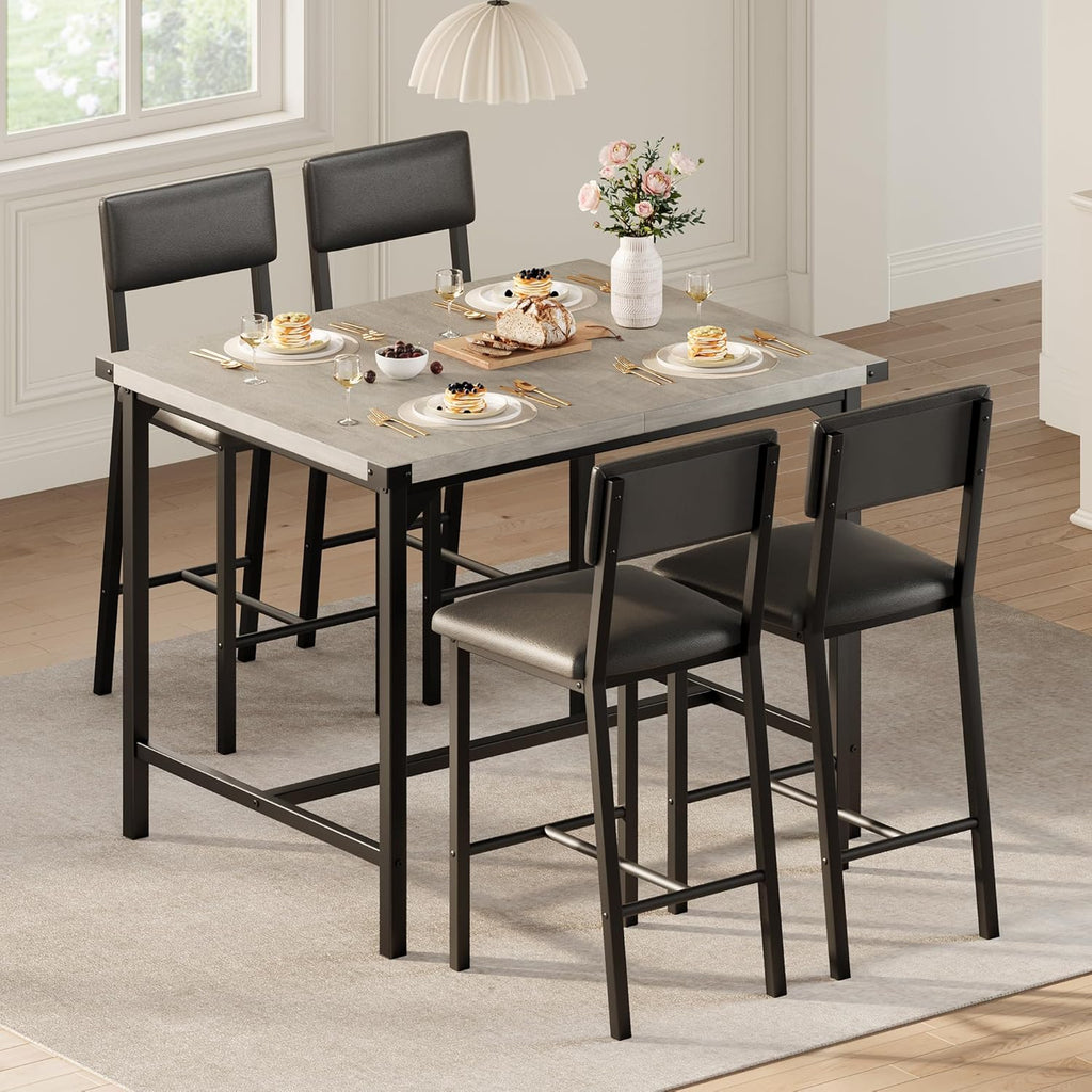 GarveeHome Dining Table Set for 4 with Corner Protector, Kitchen Table Set w/Footrest & Backrest, Counter Height Table with 4 Upholstered Bar Chairs, for Small Space, Retro Gray