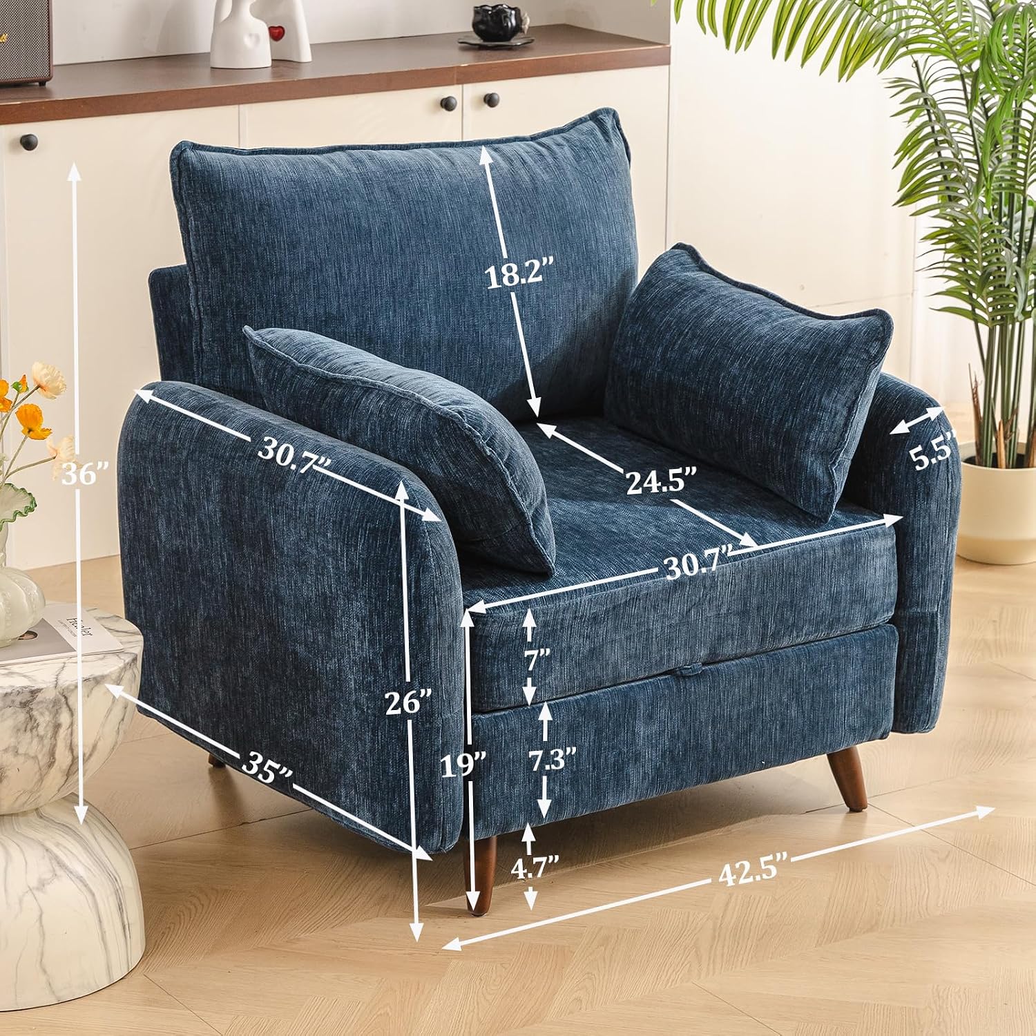 Rexulqo Oversized Accent Chair with Seats Storage,Comfy Living Room Chairs with 2 Throw Pillow,Upholstered Mid-Century Armchair,24.5'' Deep Seat,Big Reading Chair for Bedroom,Office,Chenille,Blue